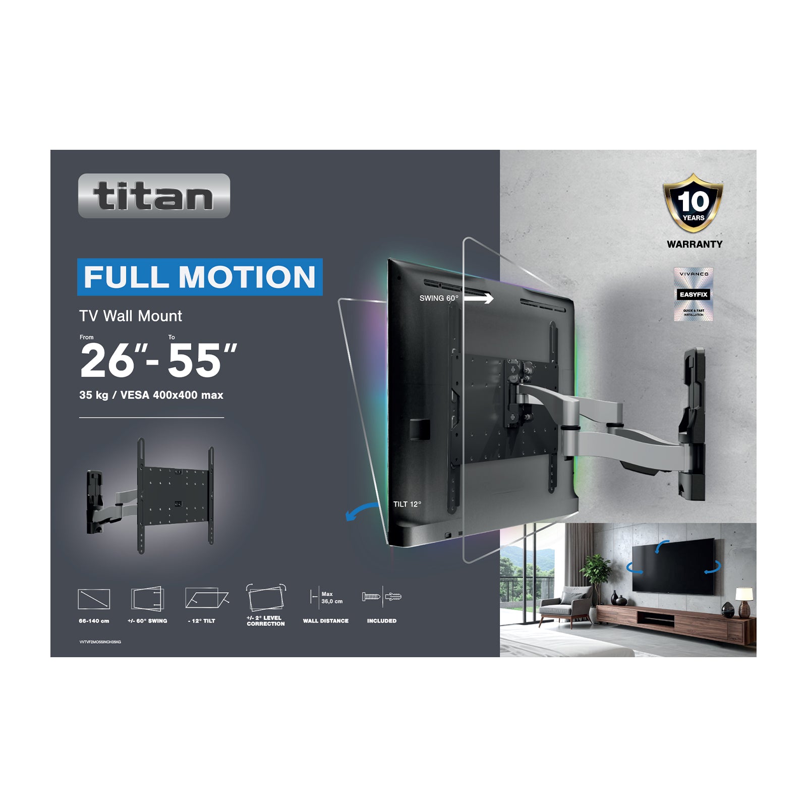 Supporto TV da parete, TITAN, MOTION, 52", 35kg, VESA 400x400