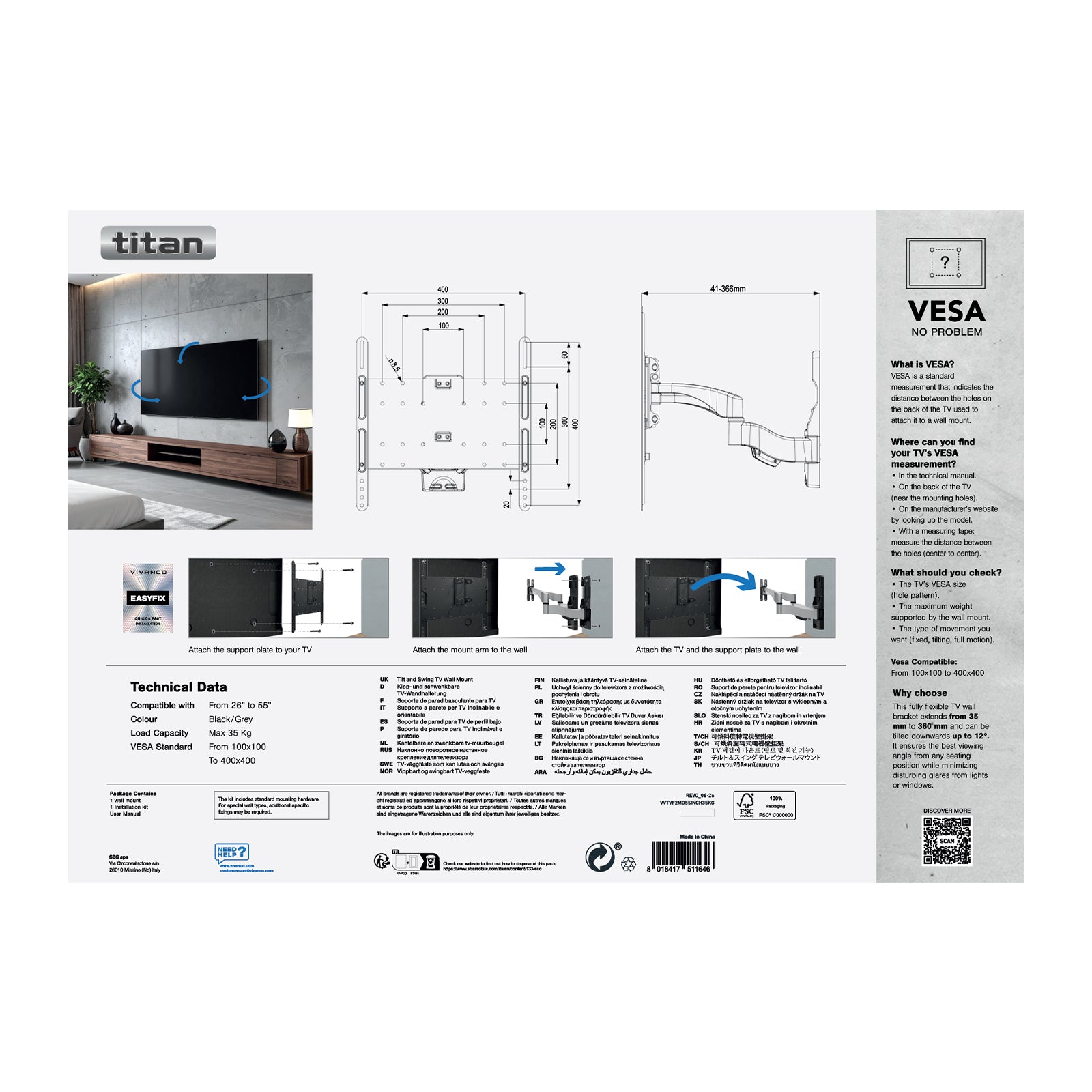 Supporto TV da parete, TITAN, MOTION, 52", 35kg, VESA 400x400