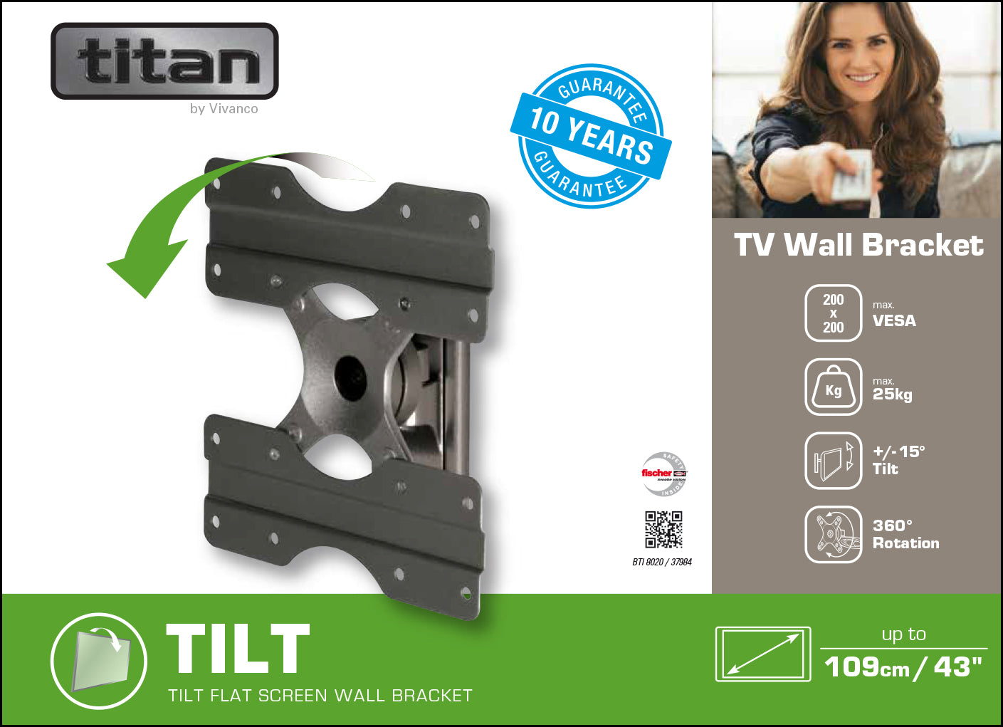 TITAN TV Wall Mount, TILT, 43", 25kg, VESA 200x200