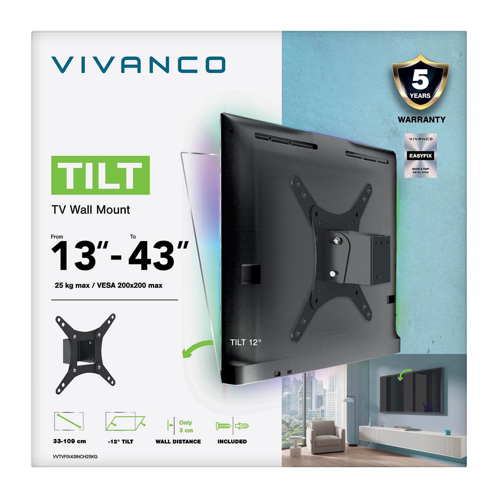 Soporte de pared para TV, Inclinable, 43", 25kg, VESA 200x200