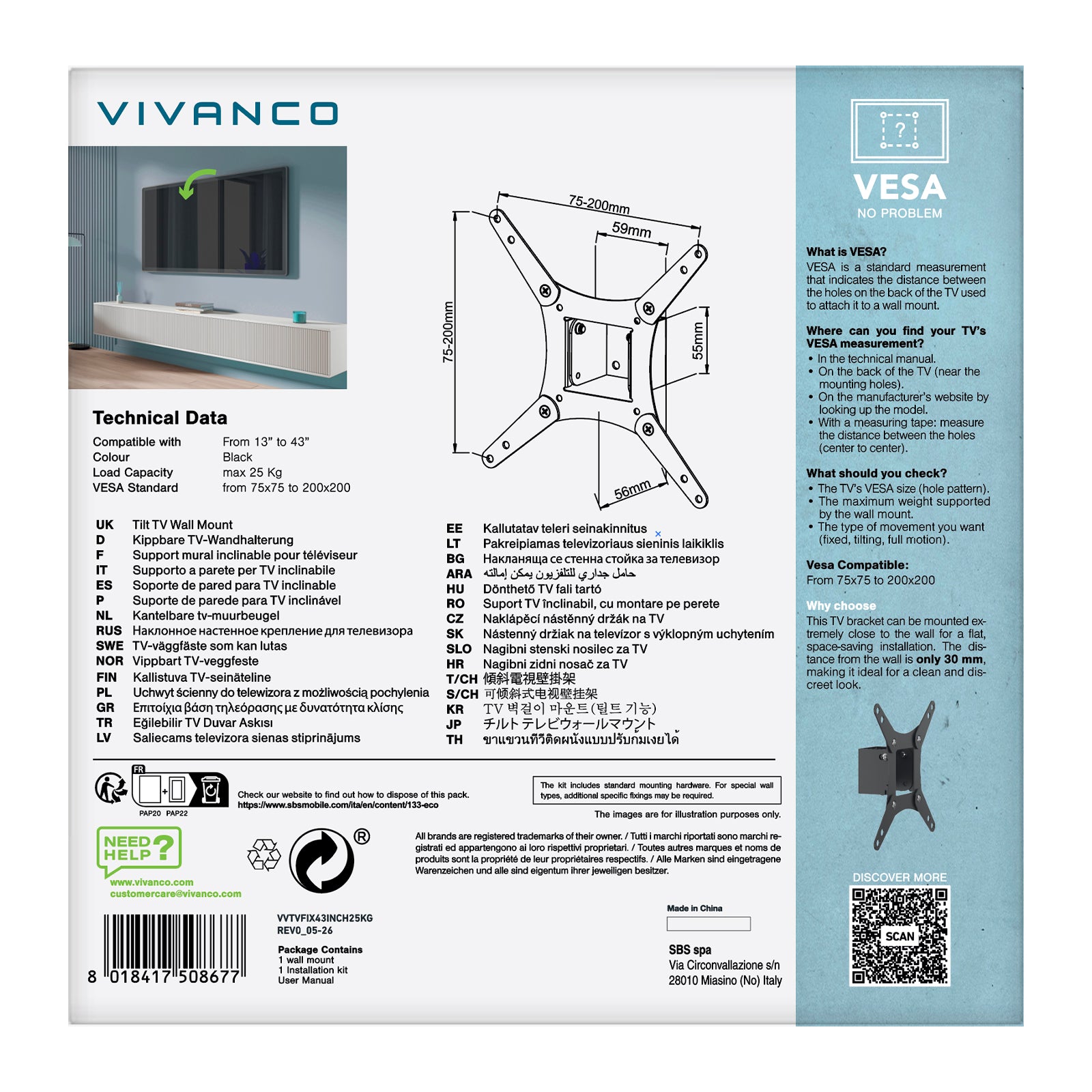 Soporte de pared para TV, Inclinable, 43", 25kg, VESA 200x200