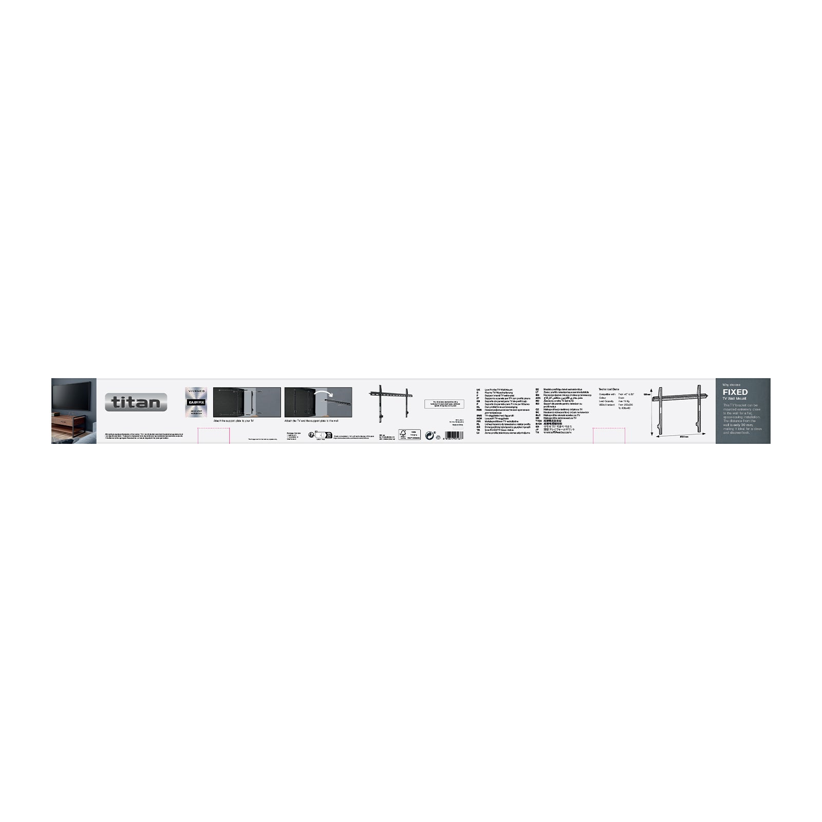 TITAN TV Wall Mount, FLAT, 85", 75kg, VESA 800x400