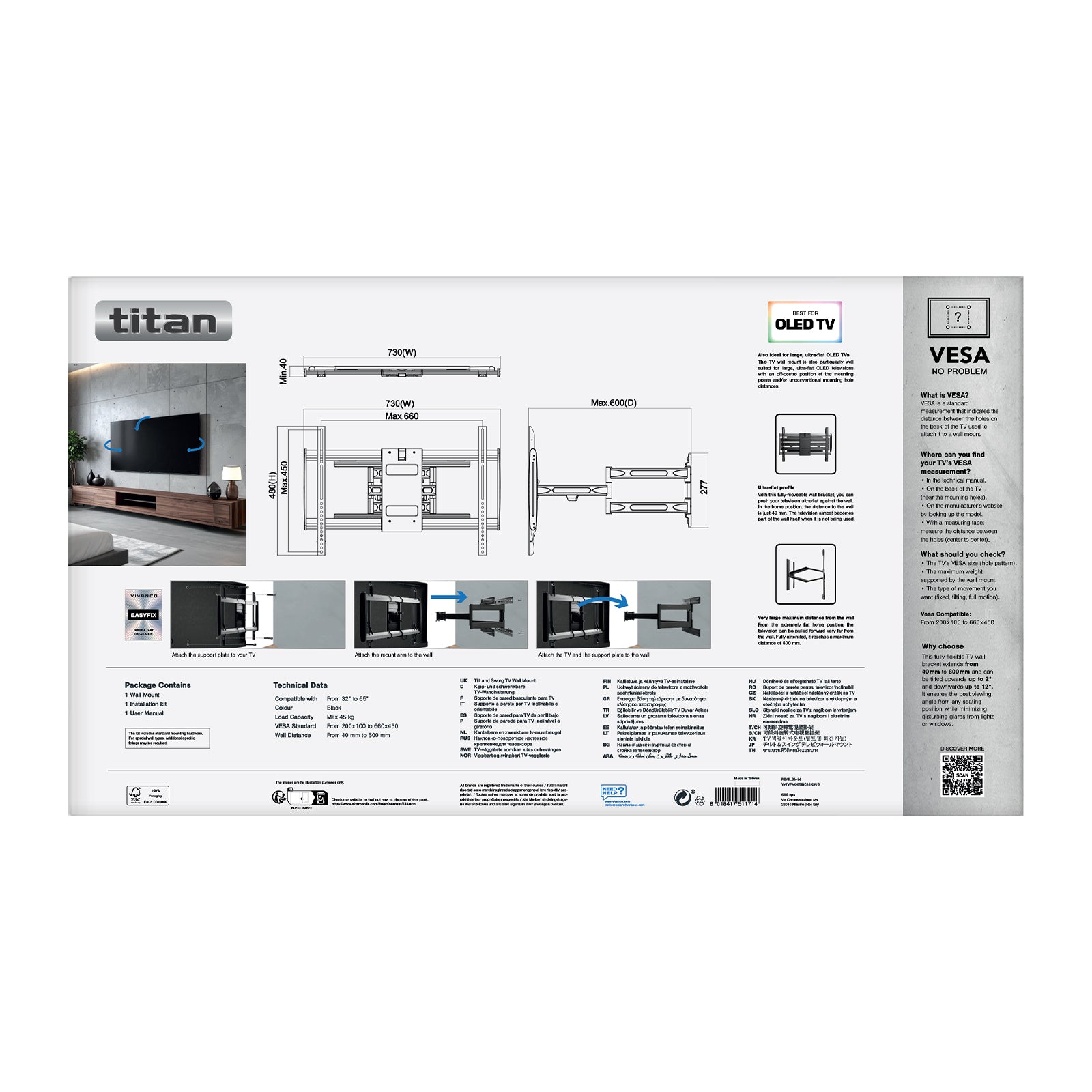 TITAN Soporte de pared para TV, MOTION, 85", 58kg, VESA 640x450
