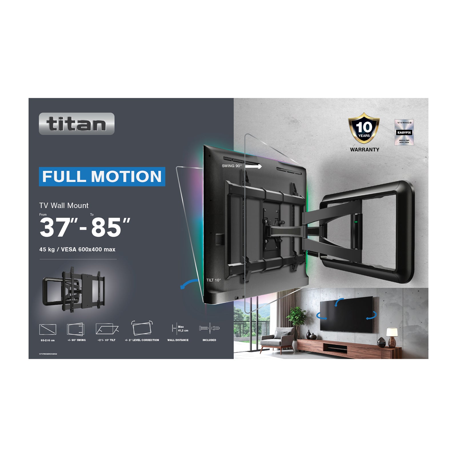 Supporto TV da parete, TITAN MOTION, 85", 45kg, nero, VESA 600x400