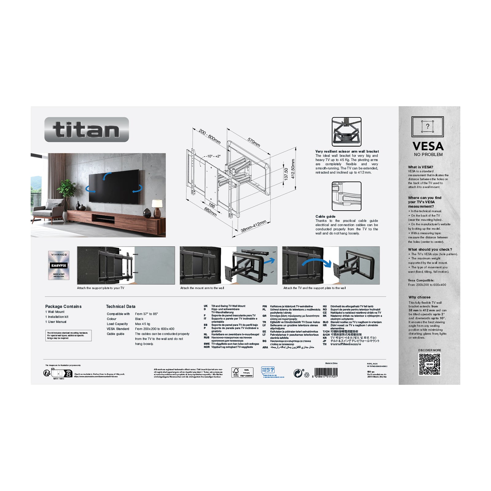 Supporto TV da parete, TITAN MOTION, 85", 45kg, nero, VESA 600x400