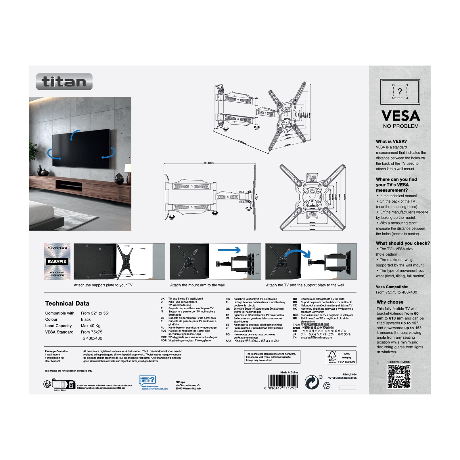 TITAN Supporto TV da parete, TILT, 55", 40kg, VESA 400x400