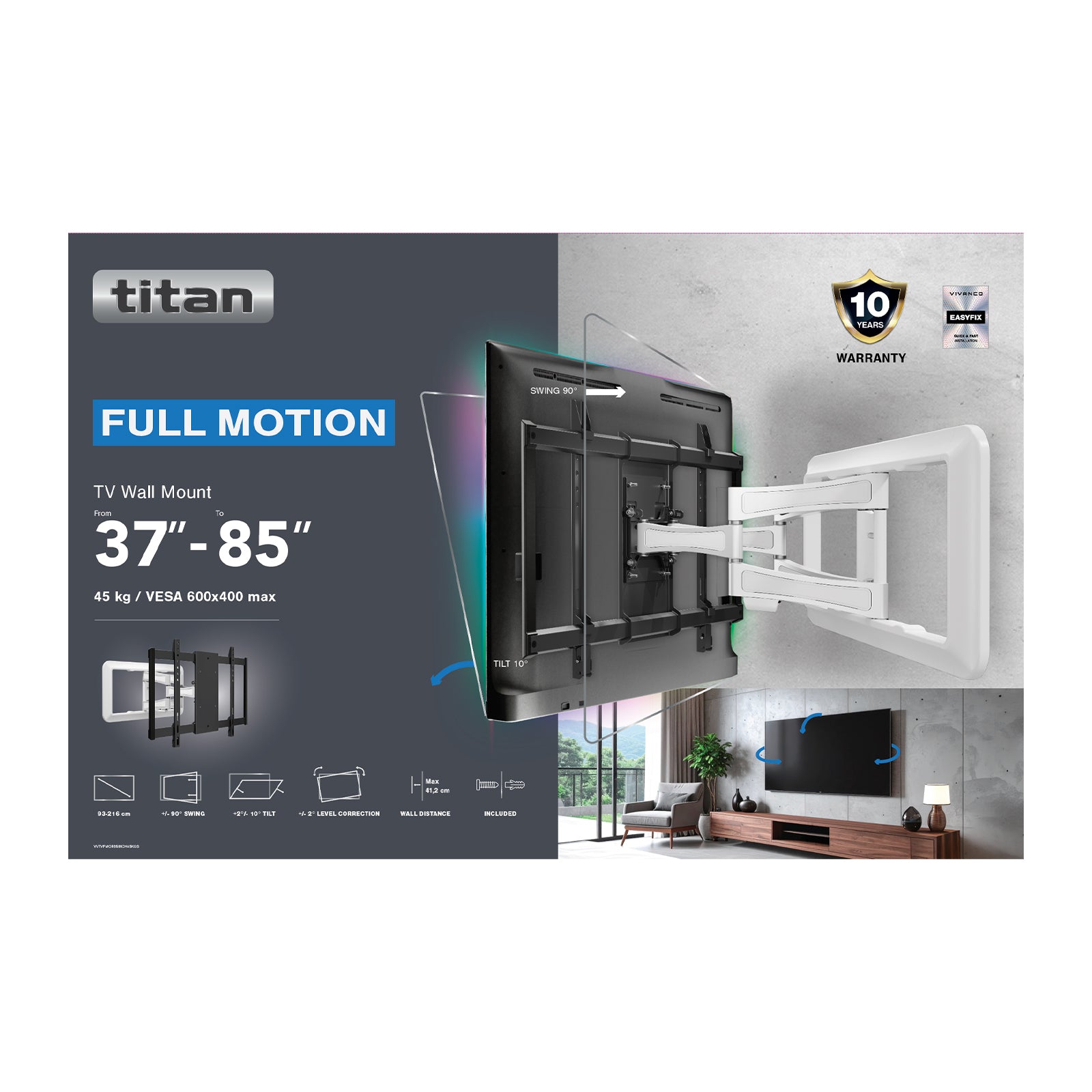 TITAN Supporto TV da parete, MOTION, 85", 45kg, bianco, VESA 600x400