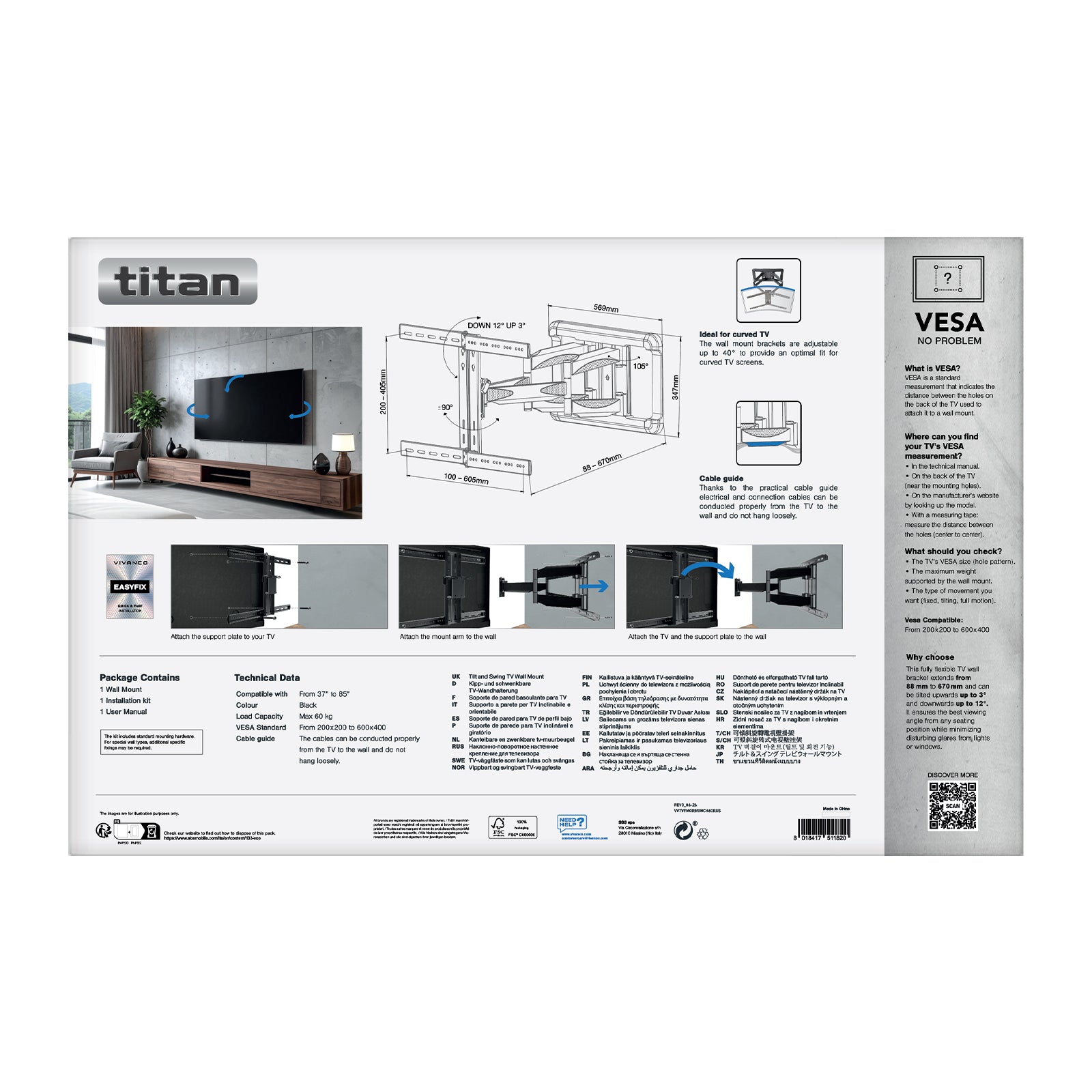 Supporto TV da parete, TITAN, MOTION, 85", 60kg, VESA 600x400