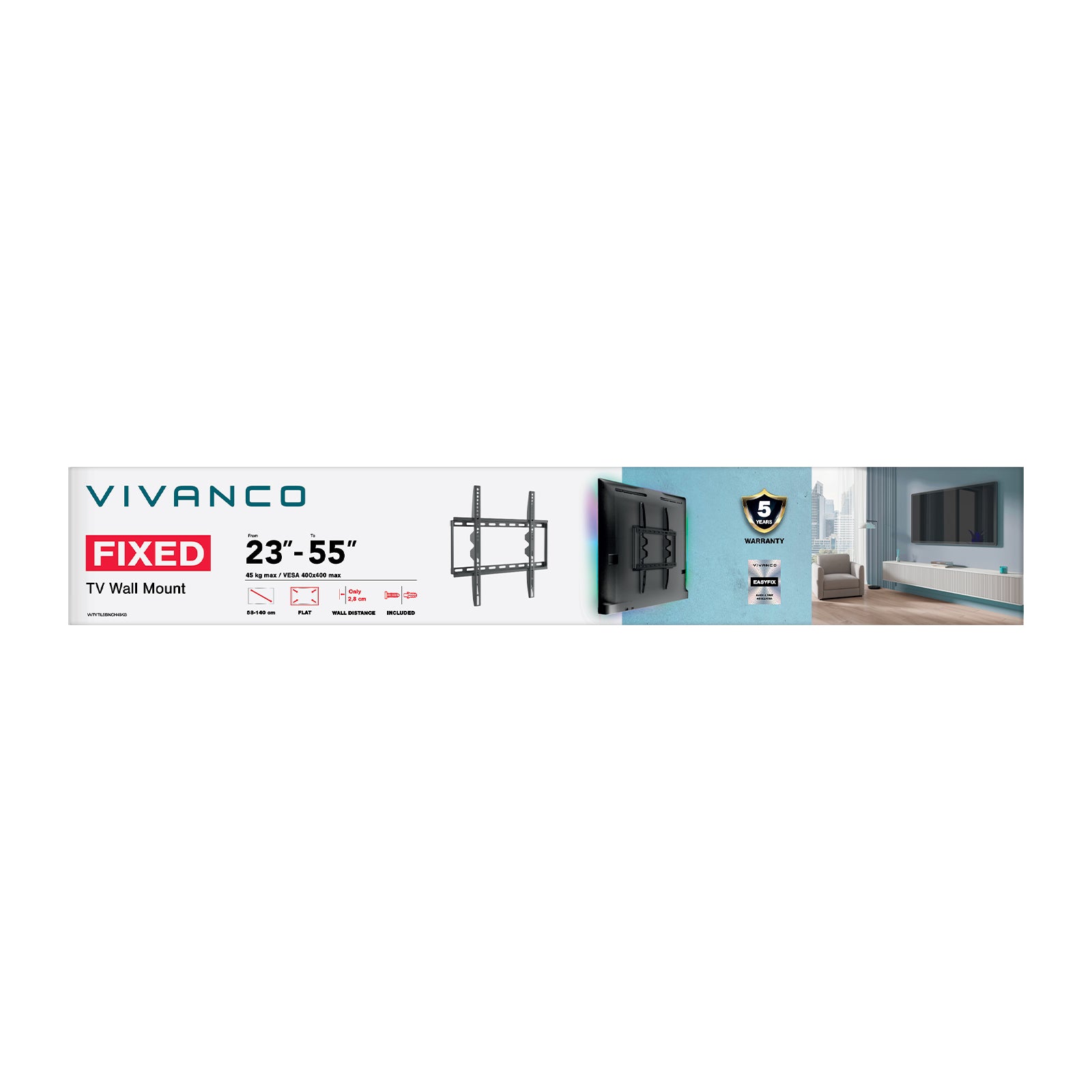 Supporto TV da parete, Fisso, 55", 45kg, VESA 400x400