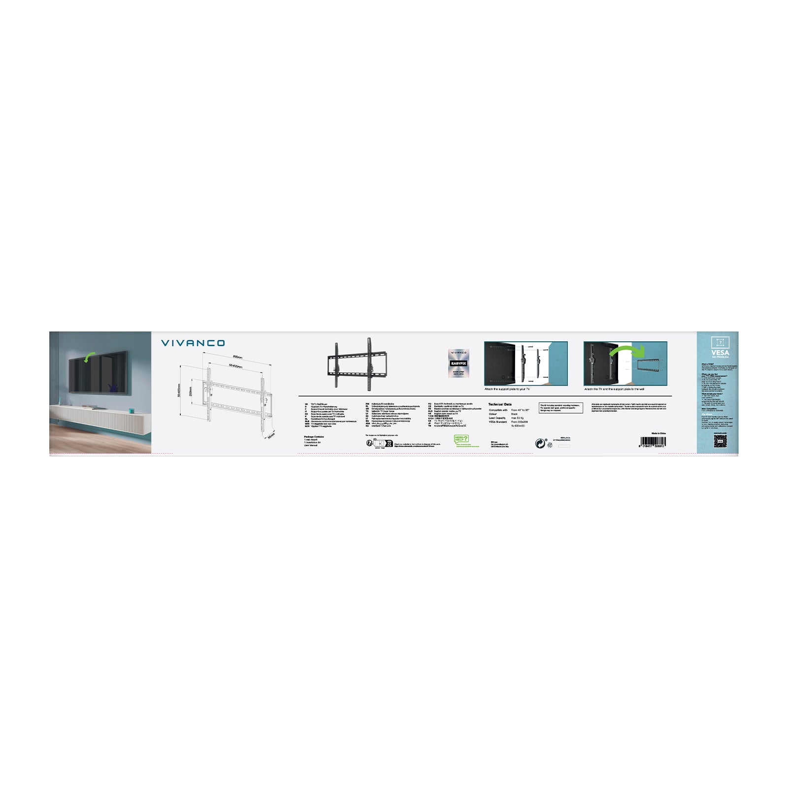 Soporte de pared para TV, Inclinable, 55", 45kg, VESA 600x400
