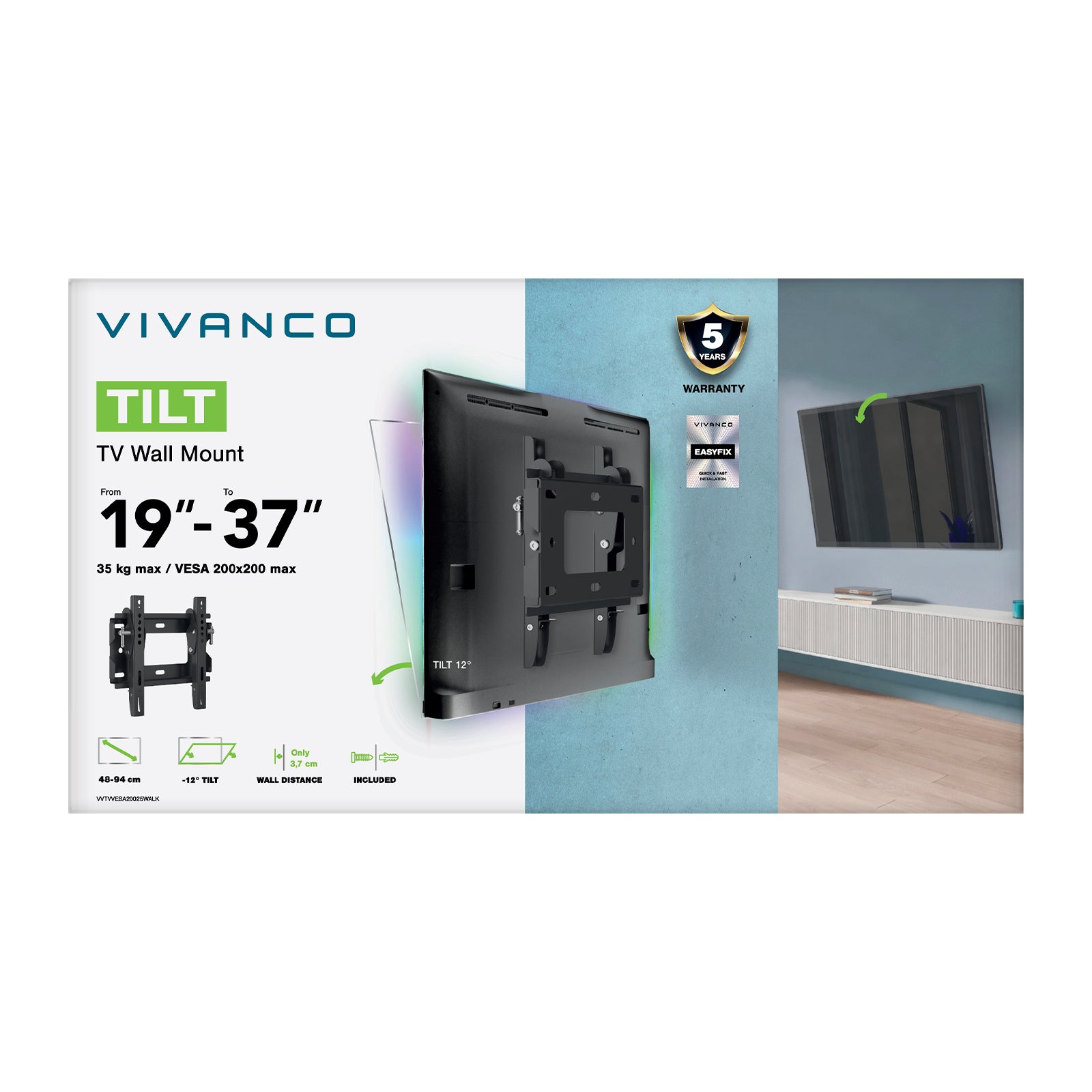 Soporte de pared para TV, Inclinable, 43", 25kg, VESA 200x200