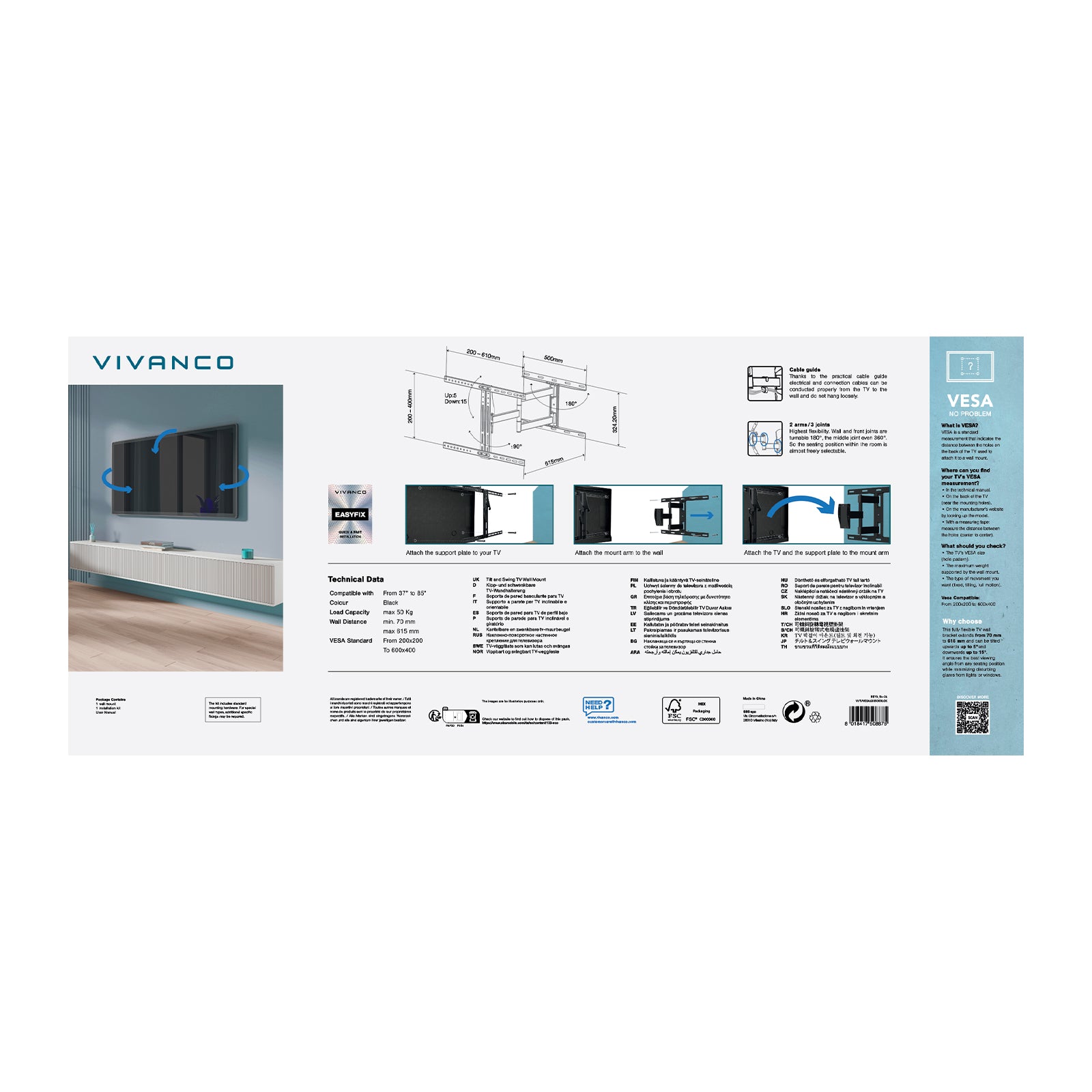 Supporto TV da parete, MOTION, 85", 50kg, VESA 600x400