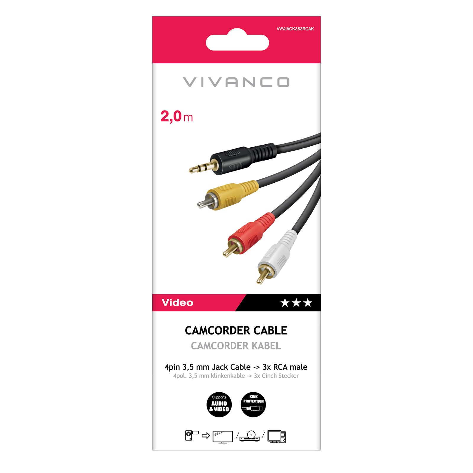 Cavo per videocamera da Jack a RCA, 2m