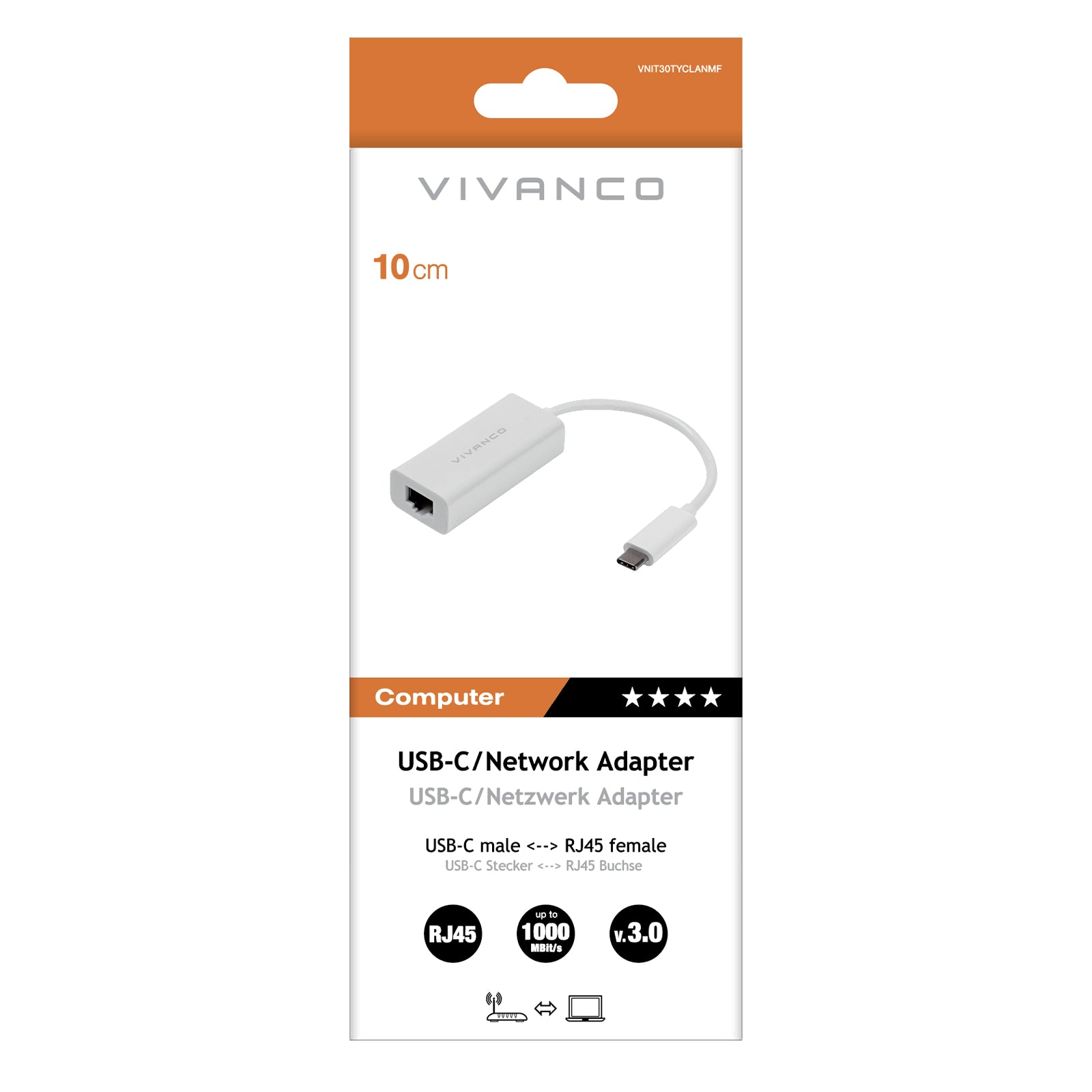 USB-C male to LAN female adapter with 10 cm built-in cable