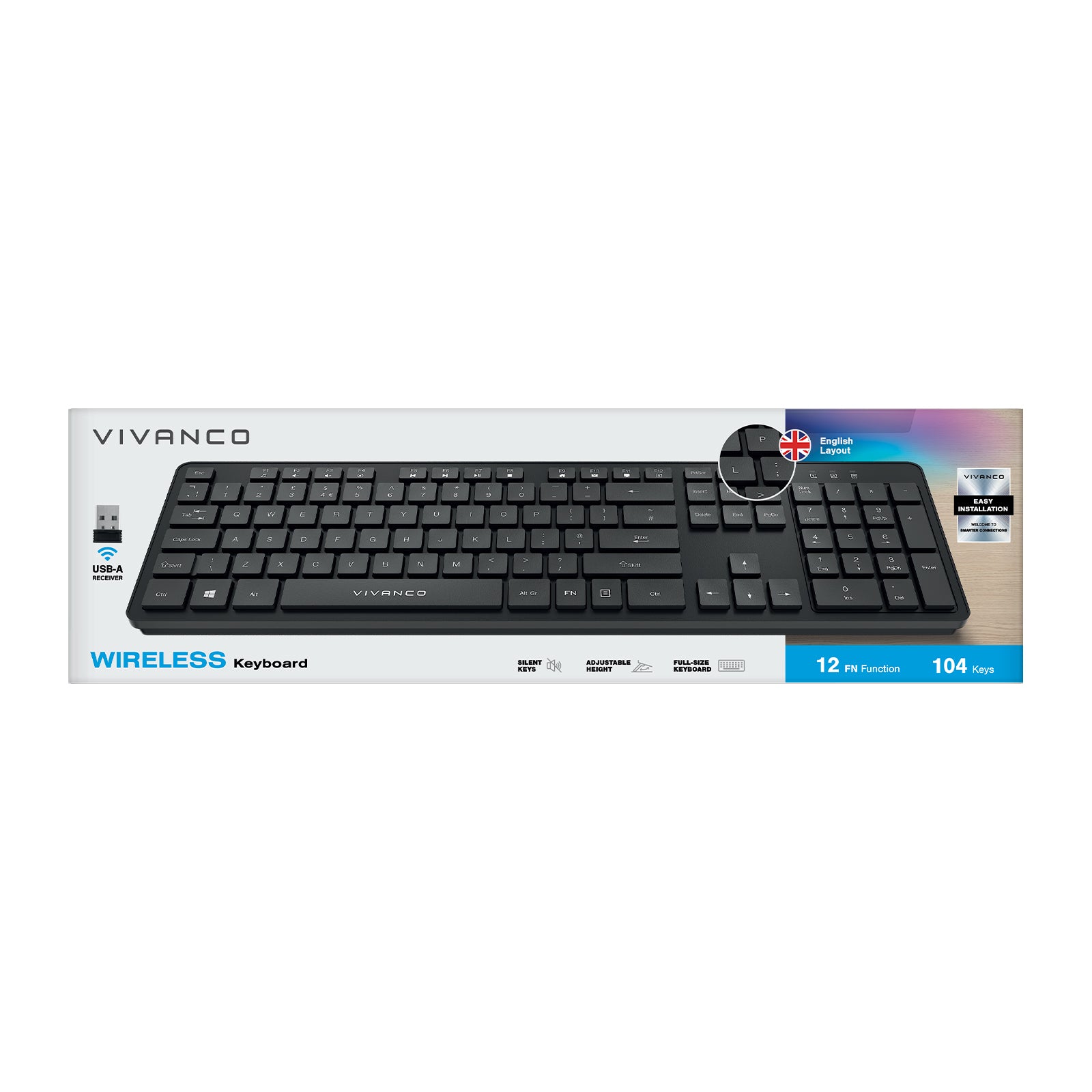 Tastiera ANSI wireless 104 tasti layout inglese con ricevitore USB-A