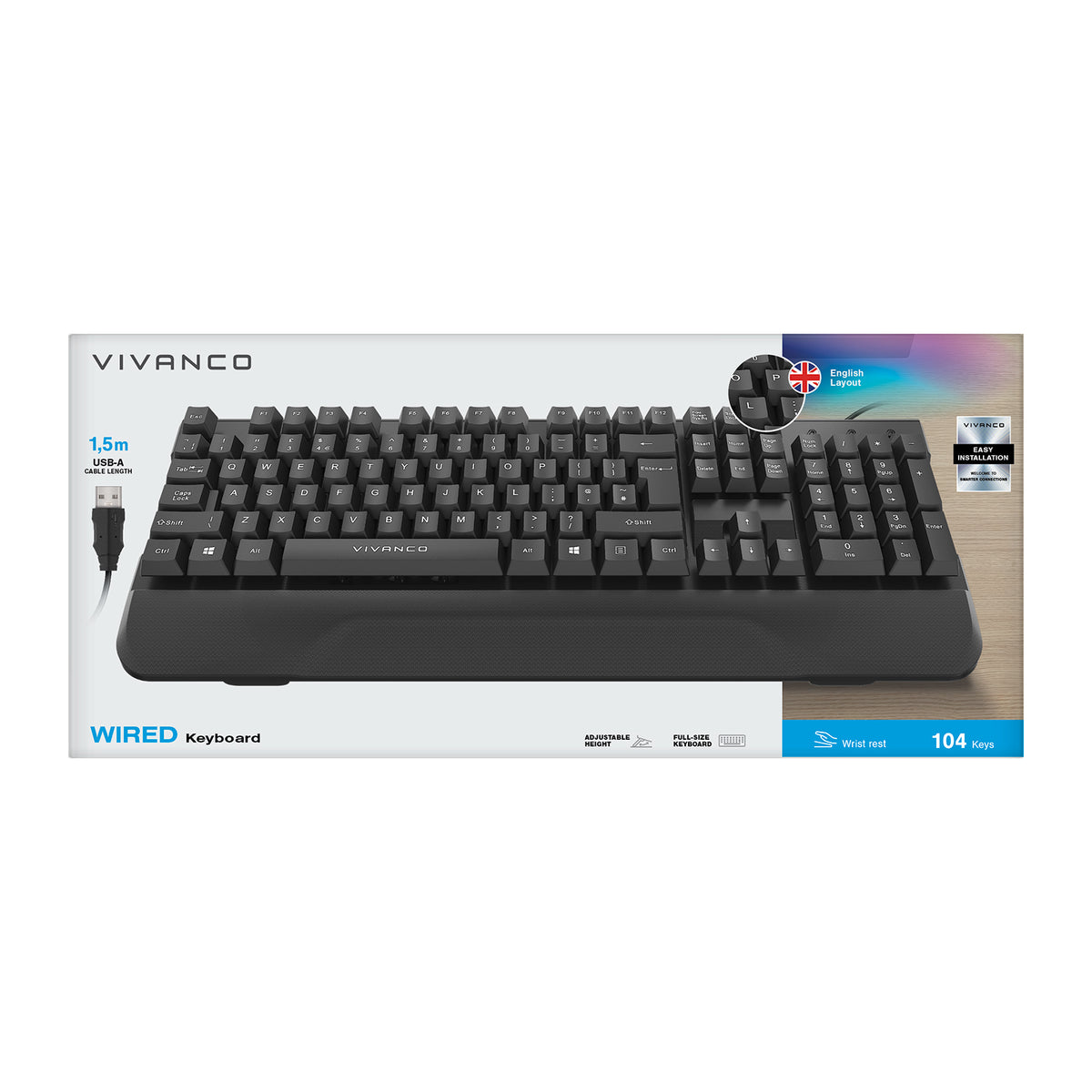 ANSI keyboard with wrist rest, wired with 1.5 m USB-A cable, 104 keys, English layout