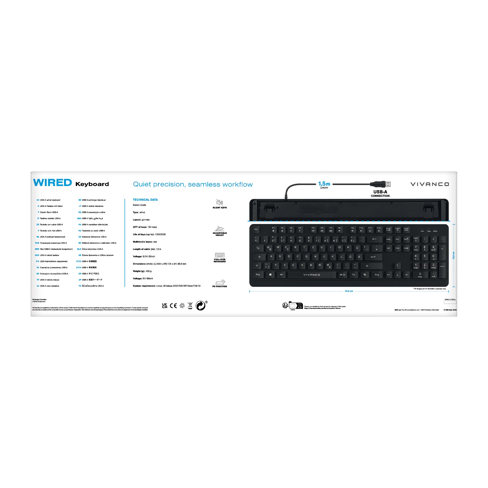Tastiera ANSI, cablata con cavo 1,5 m USB-A, 104 tasti layout francese