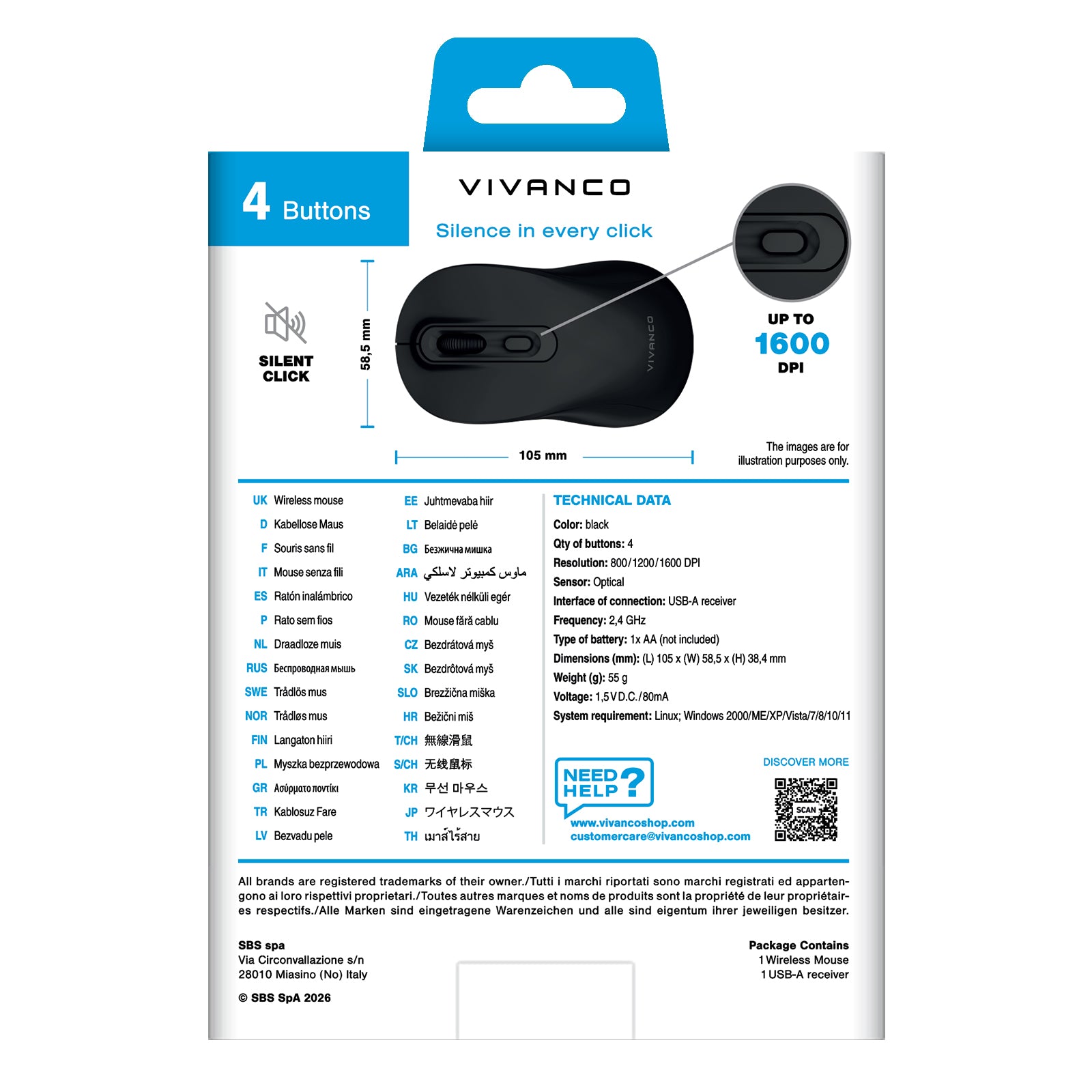 Mouse wireless con design ergonomico e clic silenzioso