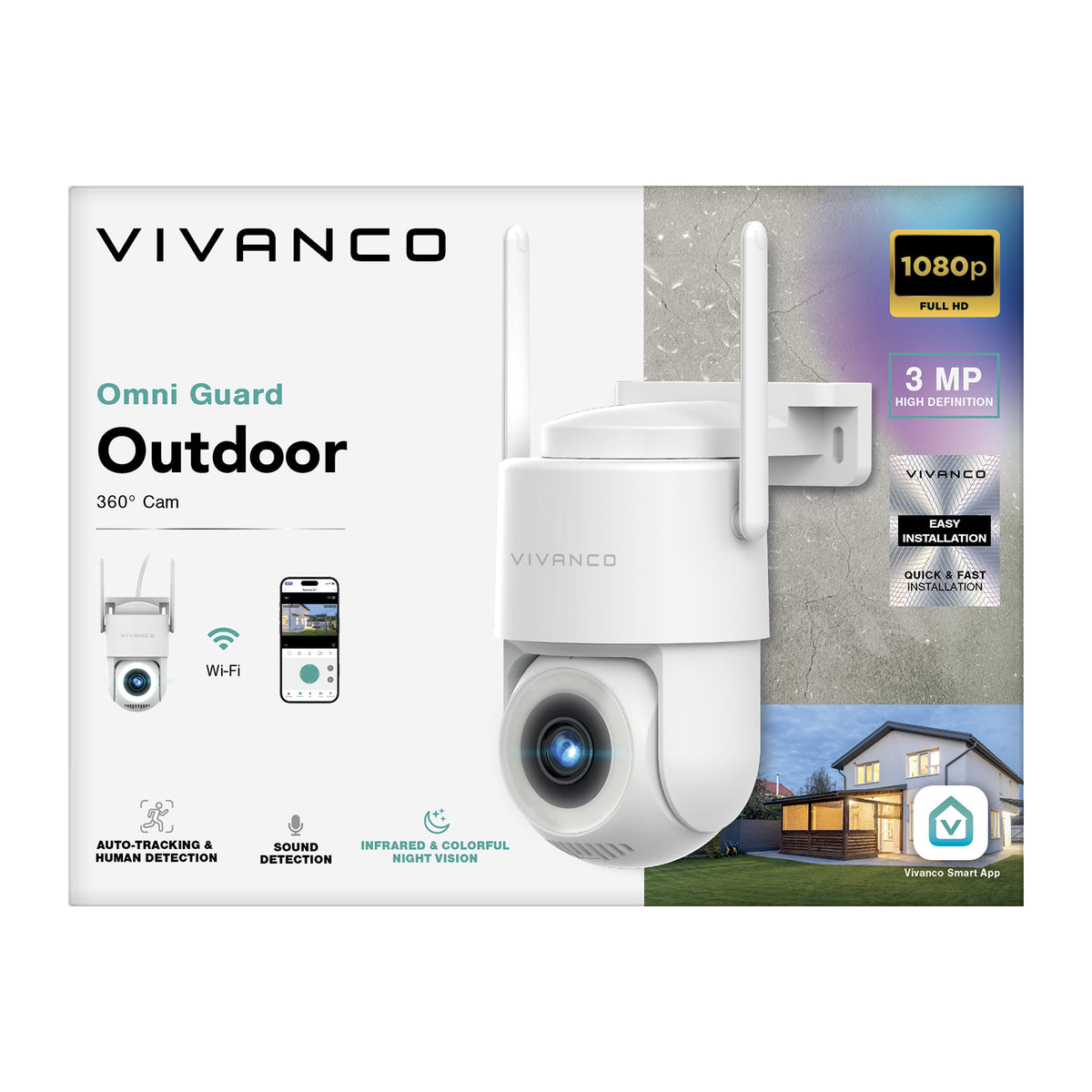 Motorised outdoor security camera with 360° auto-tracking