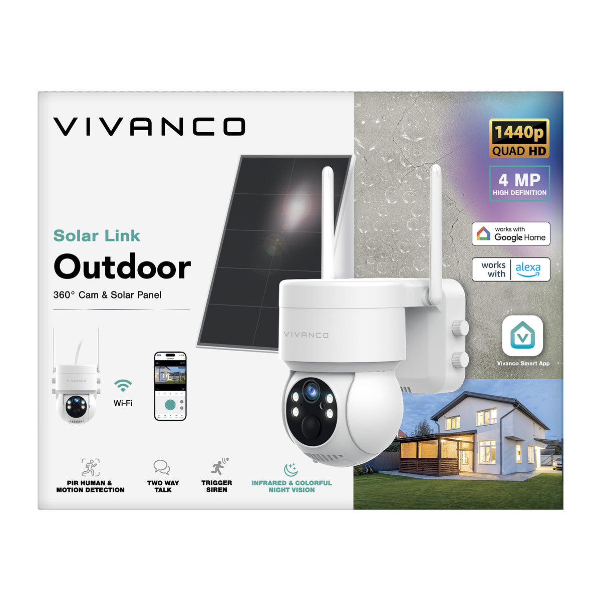 360° outdoor camera with remotely installable solar panel