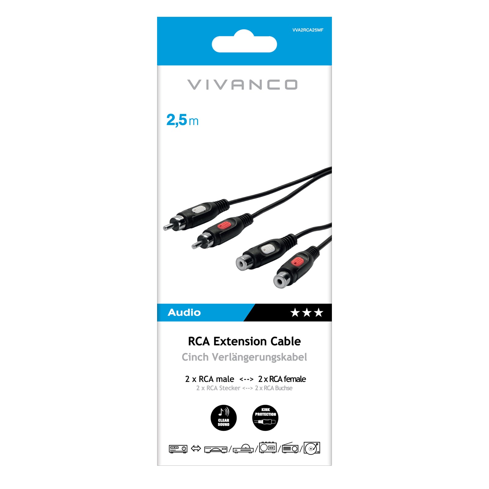 Cavo audio da 2 RCA maschio a 2 RCA femmina