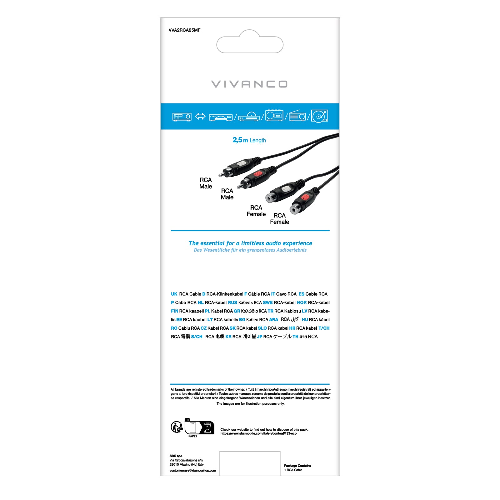 Cavo audio da 2 RCA maschio a 2 RCA femmina