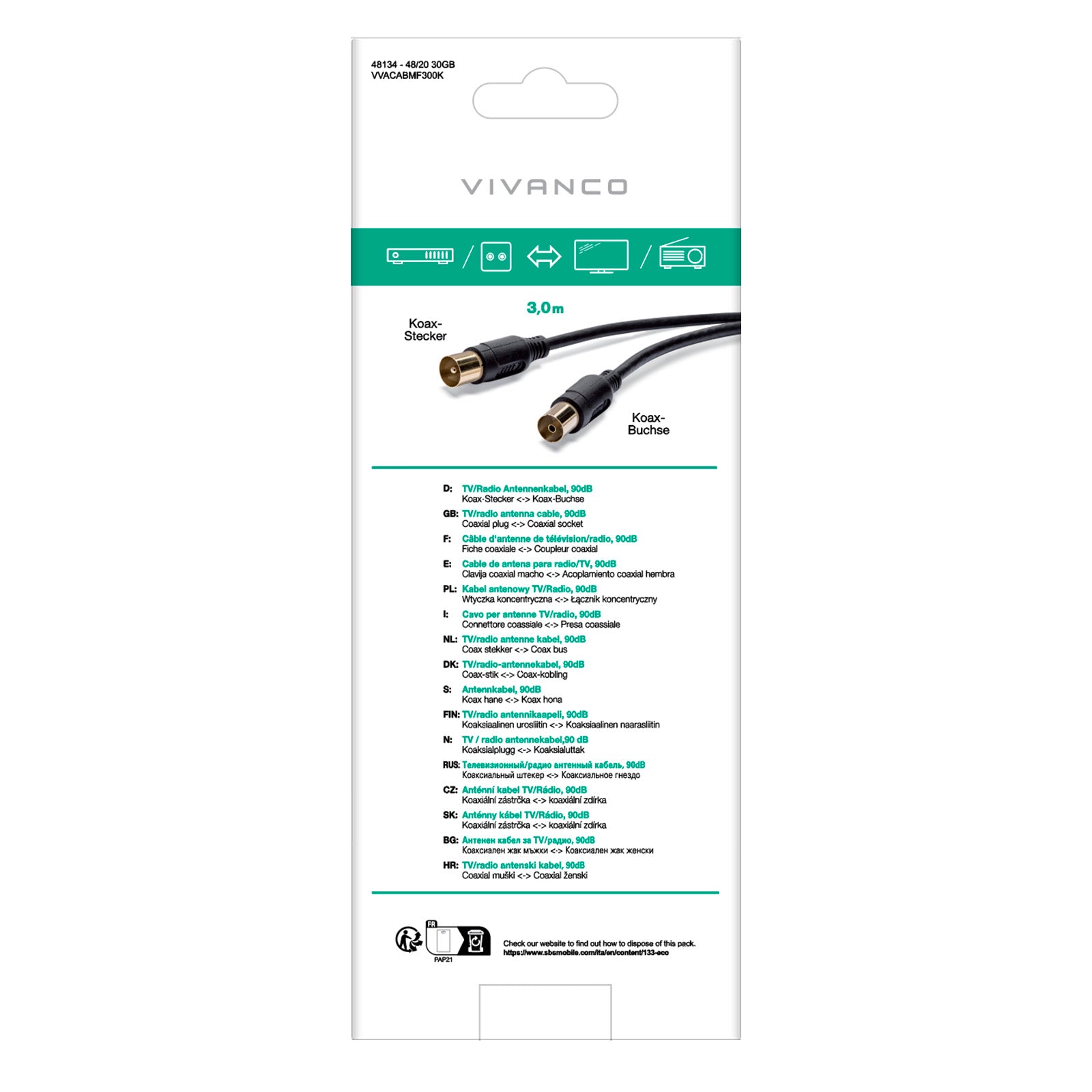 Cavo antenna maschio/femmina + schermatura 90dB