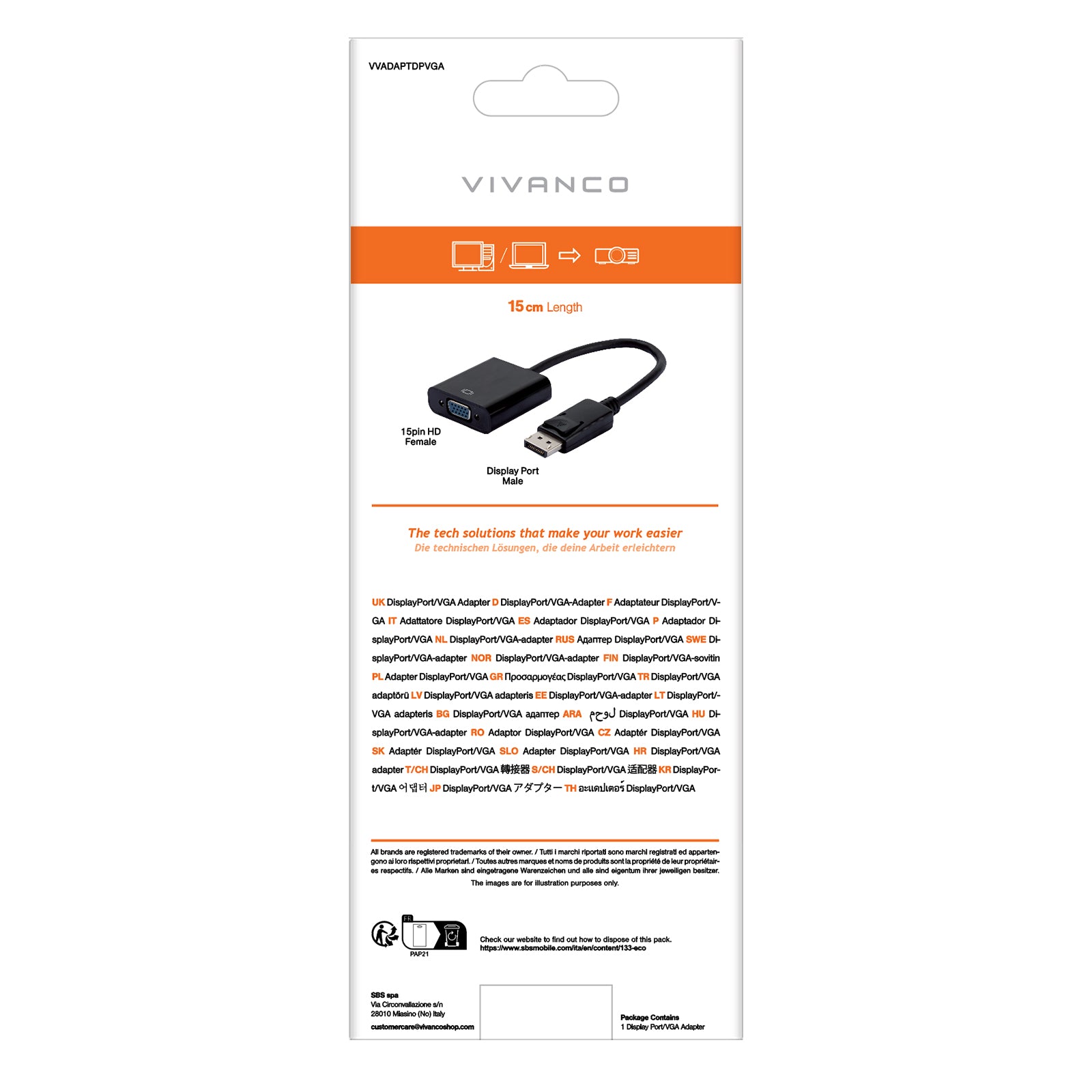 DisplayPort - adattatore VGA, connettore DisplayPort - 15 pin. Presa HD, 0,15 m