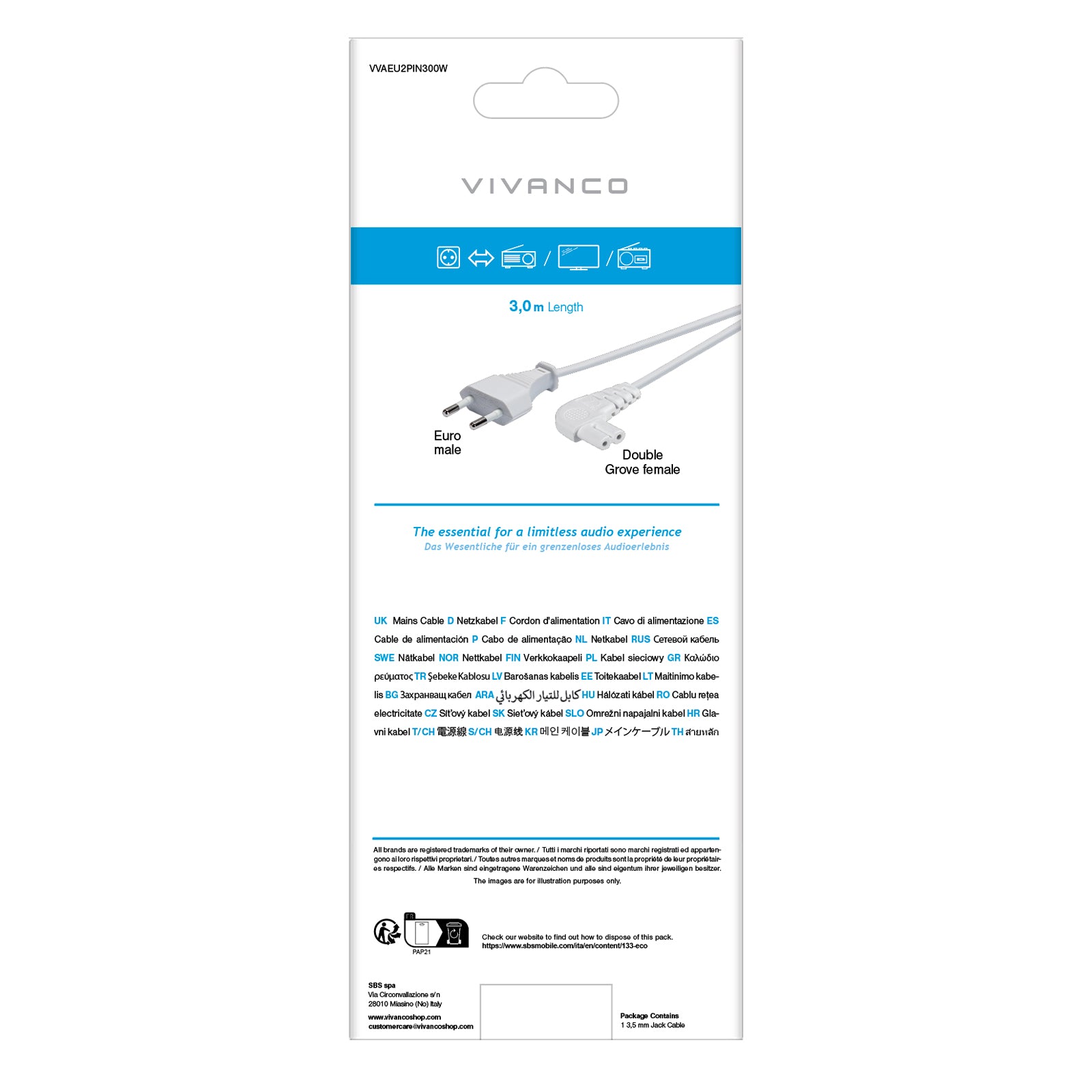 Power cord with 90° angled plug, 3 m