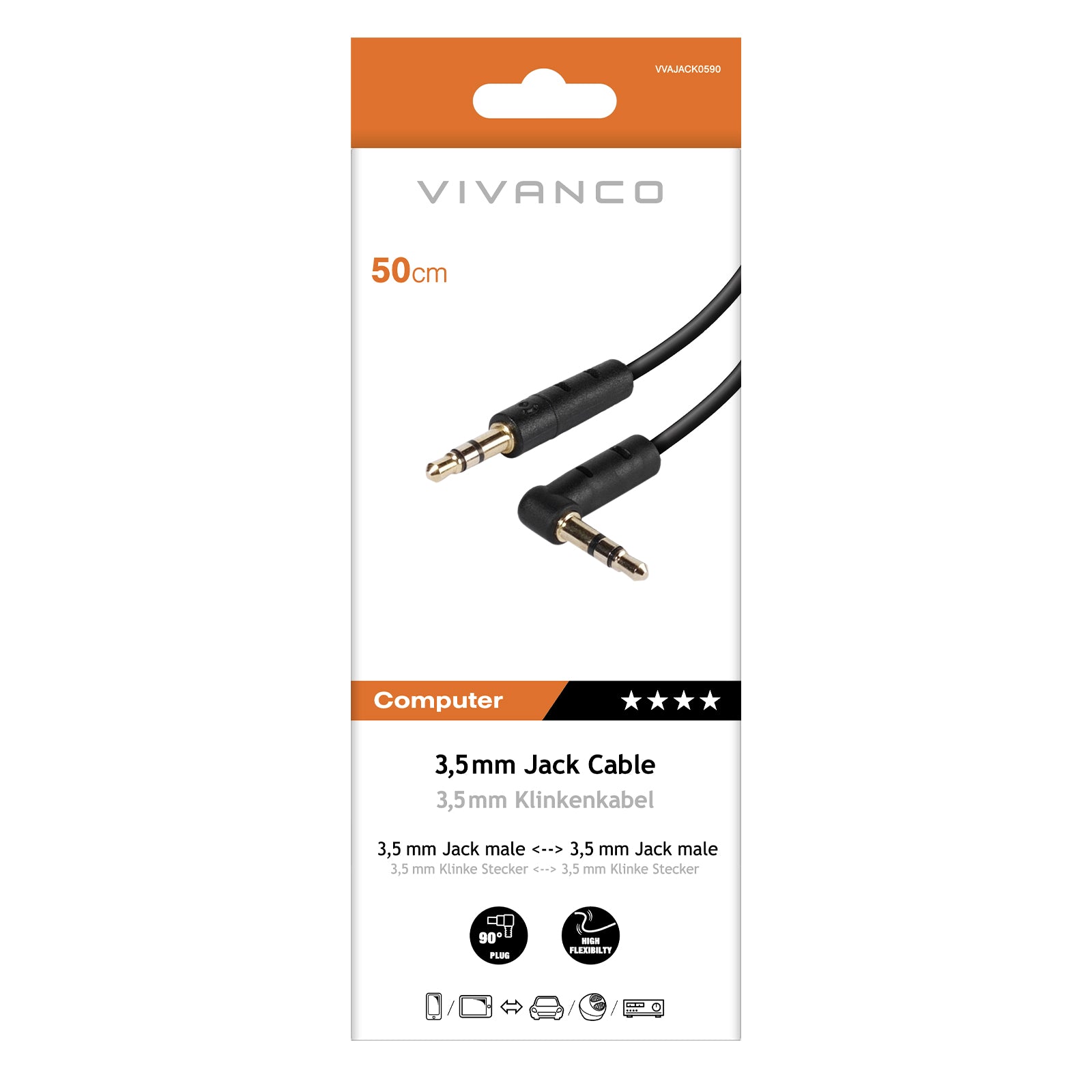 Abgewinkeltes Audiokabel, 3,5 m, Stecker auf Stecker, 0,5 m