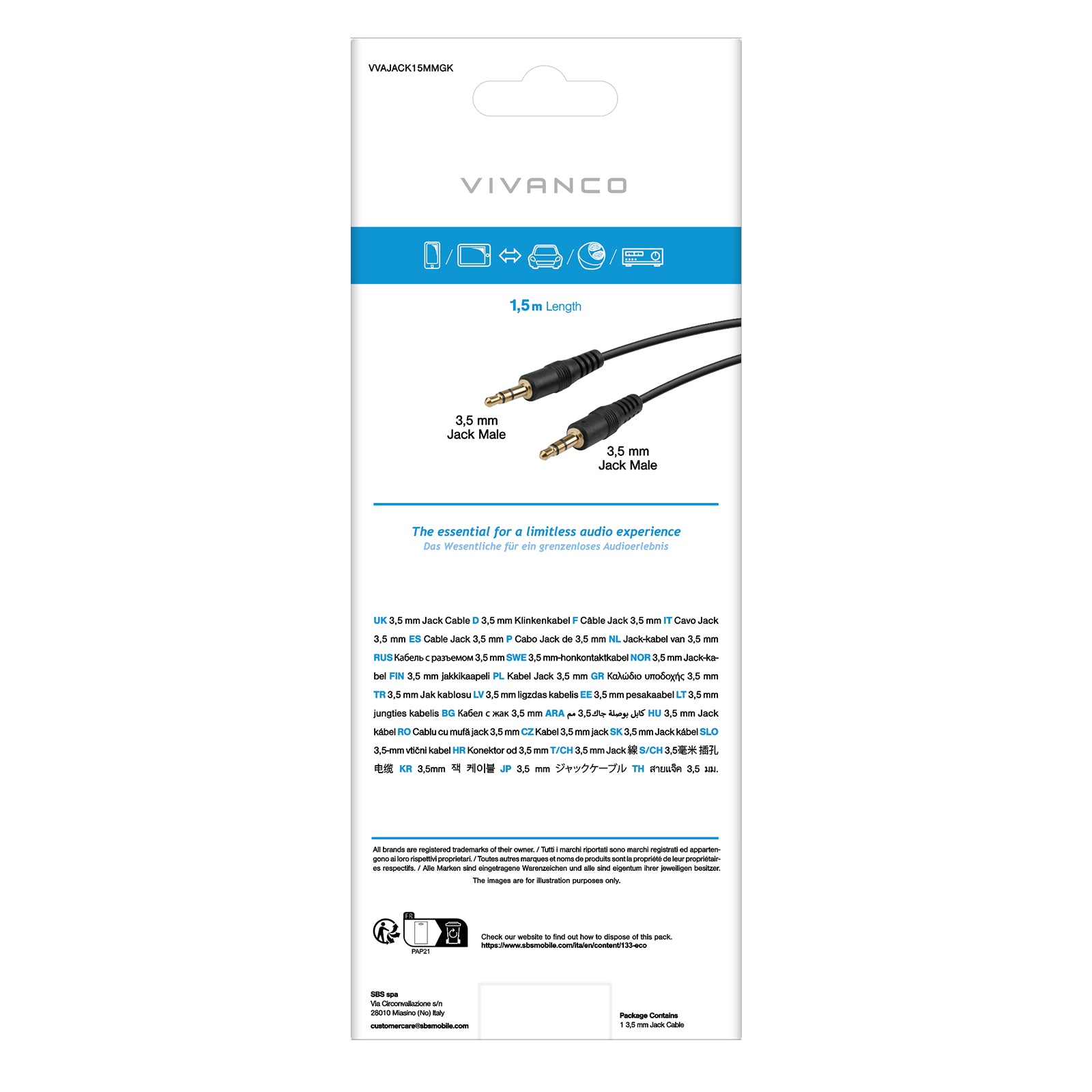Cavo audio Jack 3,5 mm maschio - maschio