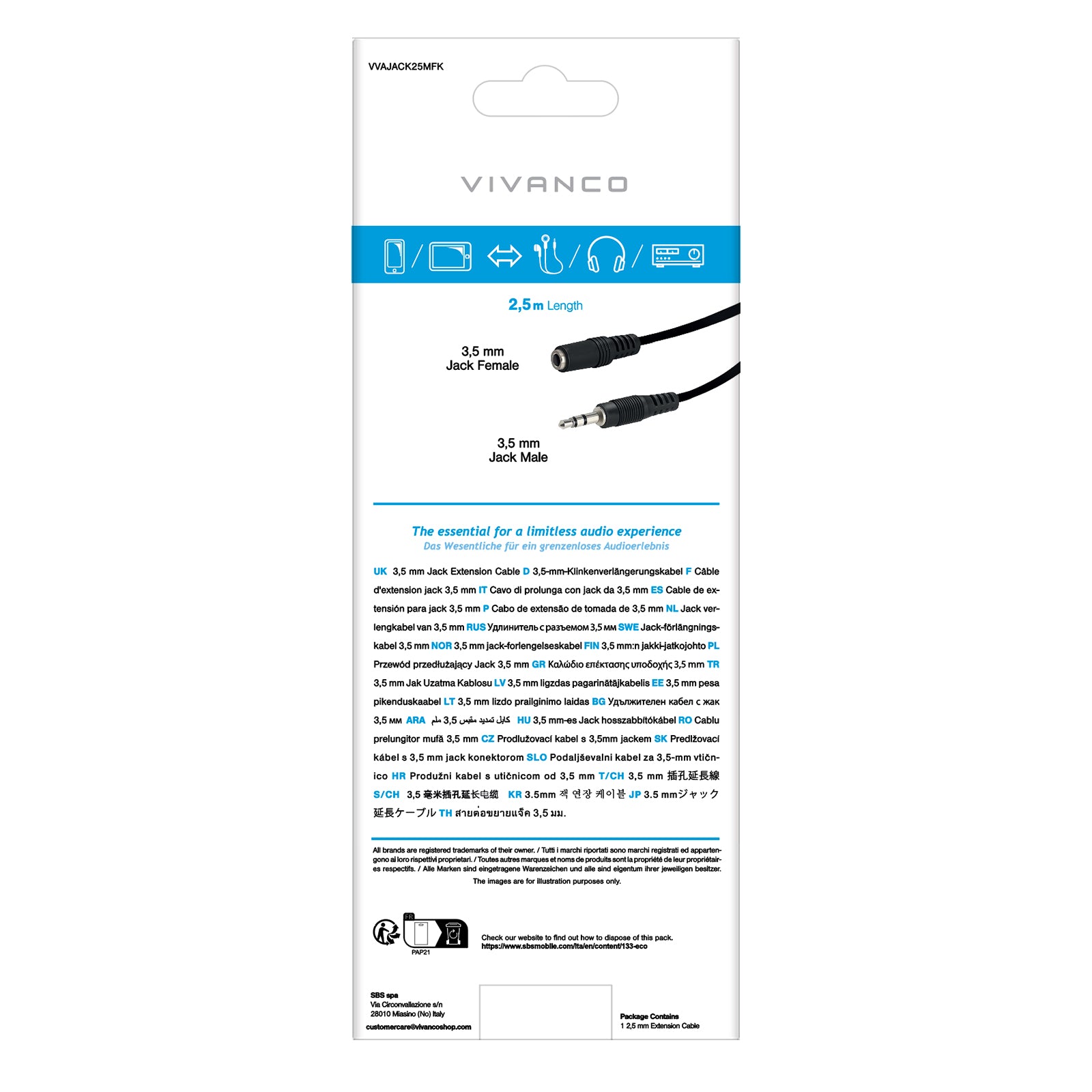 Cavo audio Jack 3,5 mm maschio - femmina