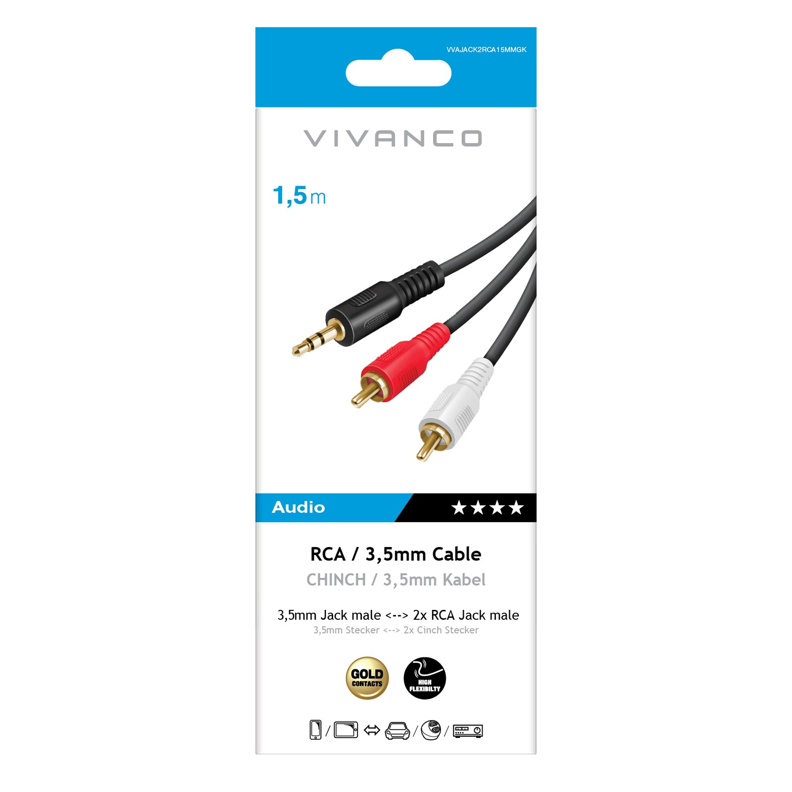 Cavo audio Jack 3,5 mm a 2 RCA maschio