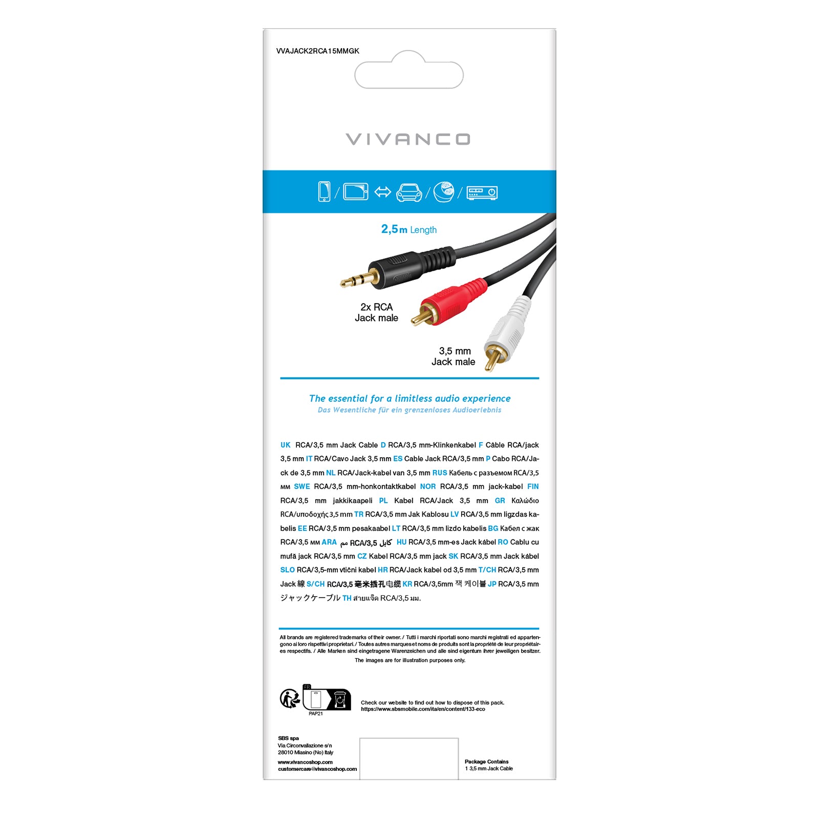 Cavo audio Jack 3,5 mm a 2 RCA maschio