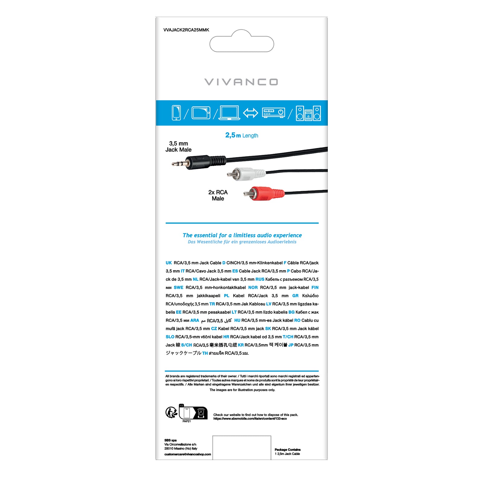 Cavo audio Jack 3,5 mm a 2 RCA maschio