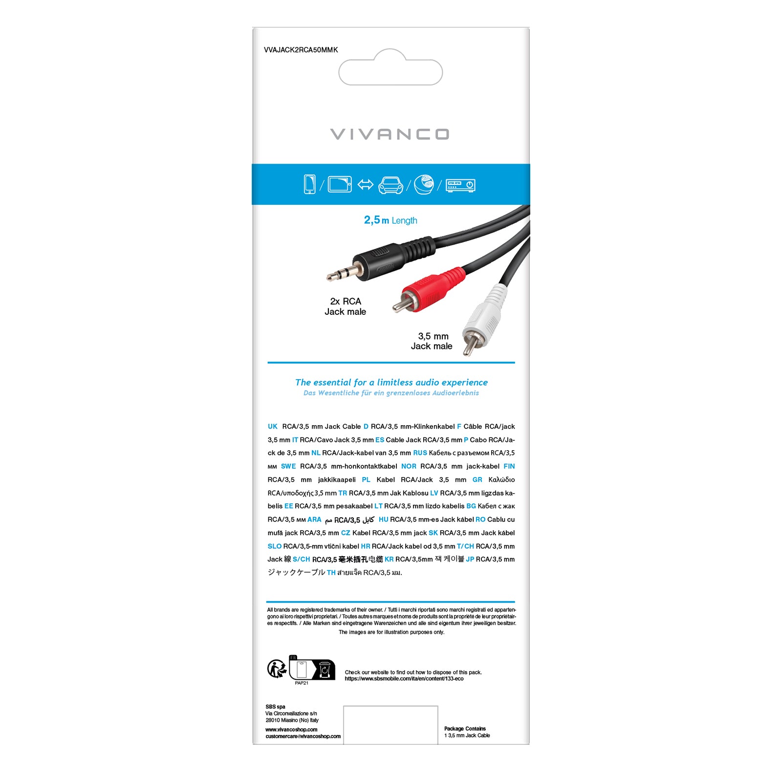 Cavo audio Jack 3,5 mm a 2 RCA maschio