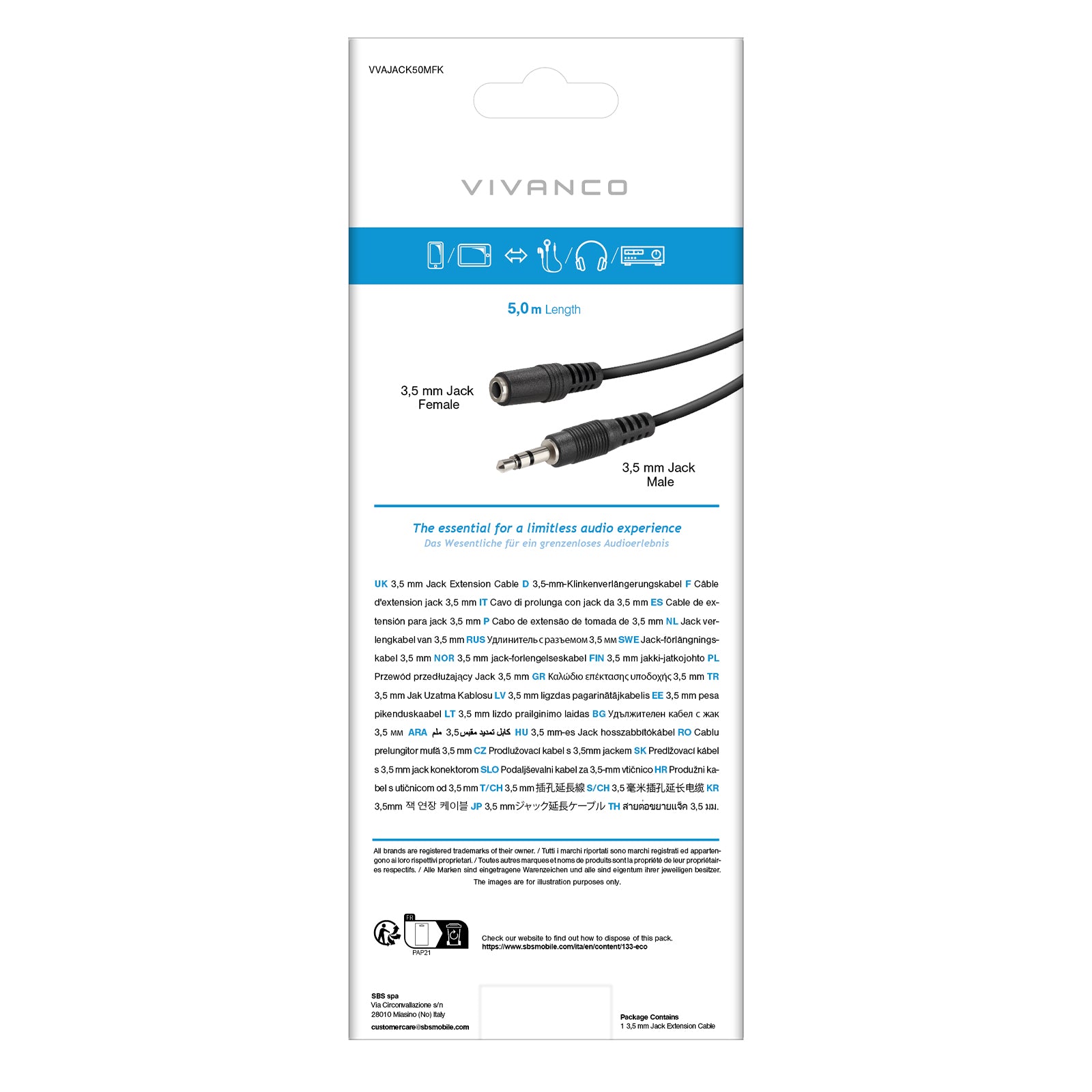 Cavo audio Jack 3,5 mm maschio - femmina