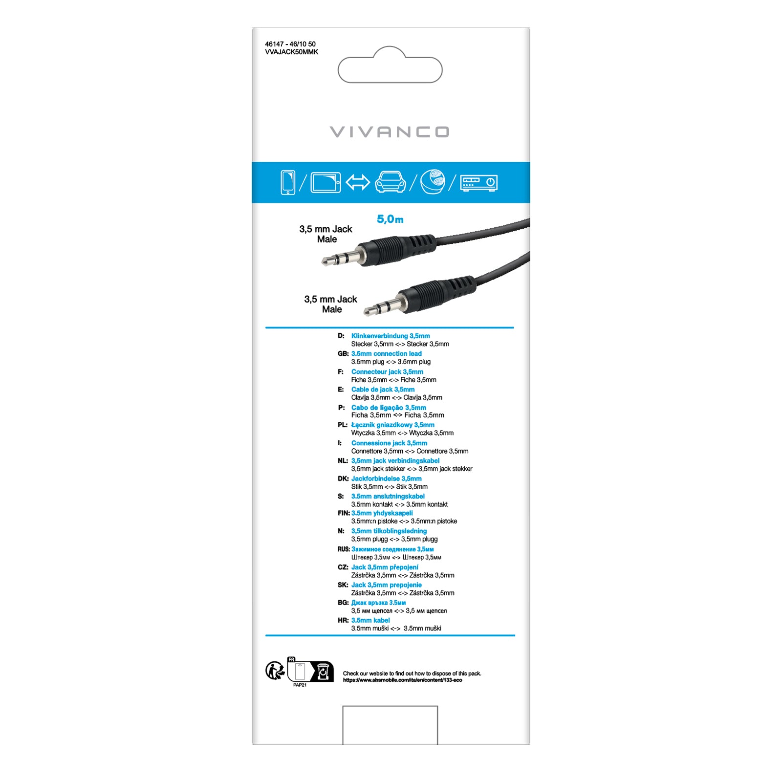 Cavo audio Jack 3,5 mm maschio - maschio