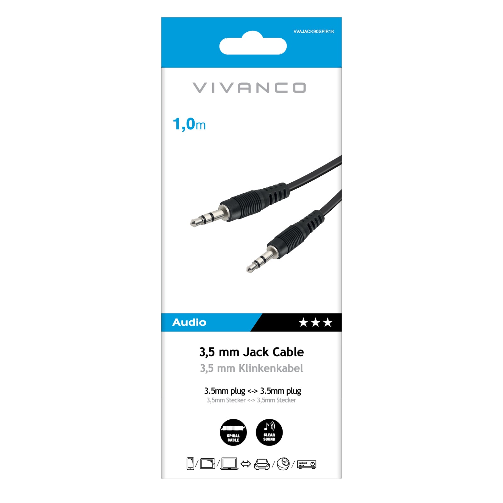 Cavo audio spiralato con Jack a 90°, 1 m