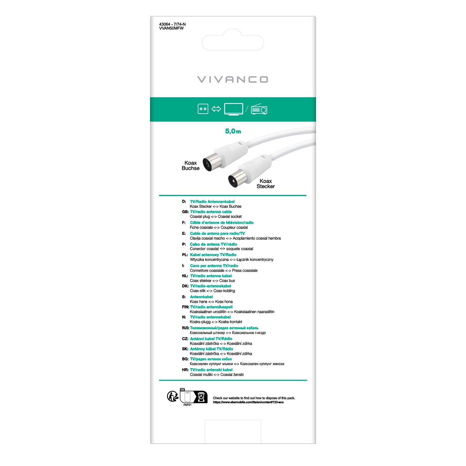 Cavo antenna maschio/maschio 50dB