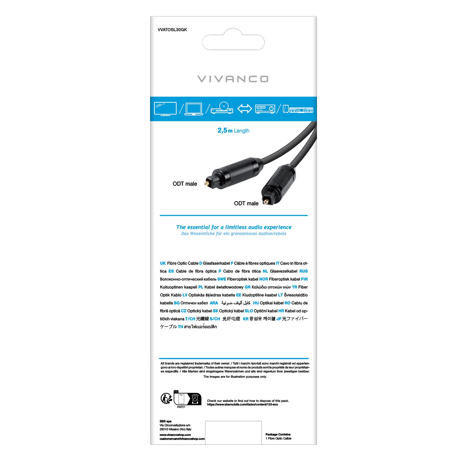 Cavo con connettori Toslink in fibra ottica