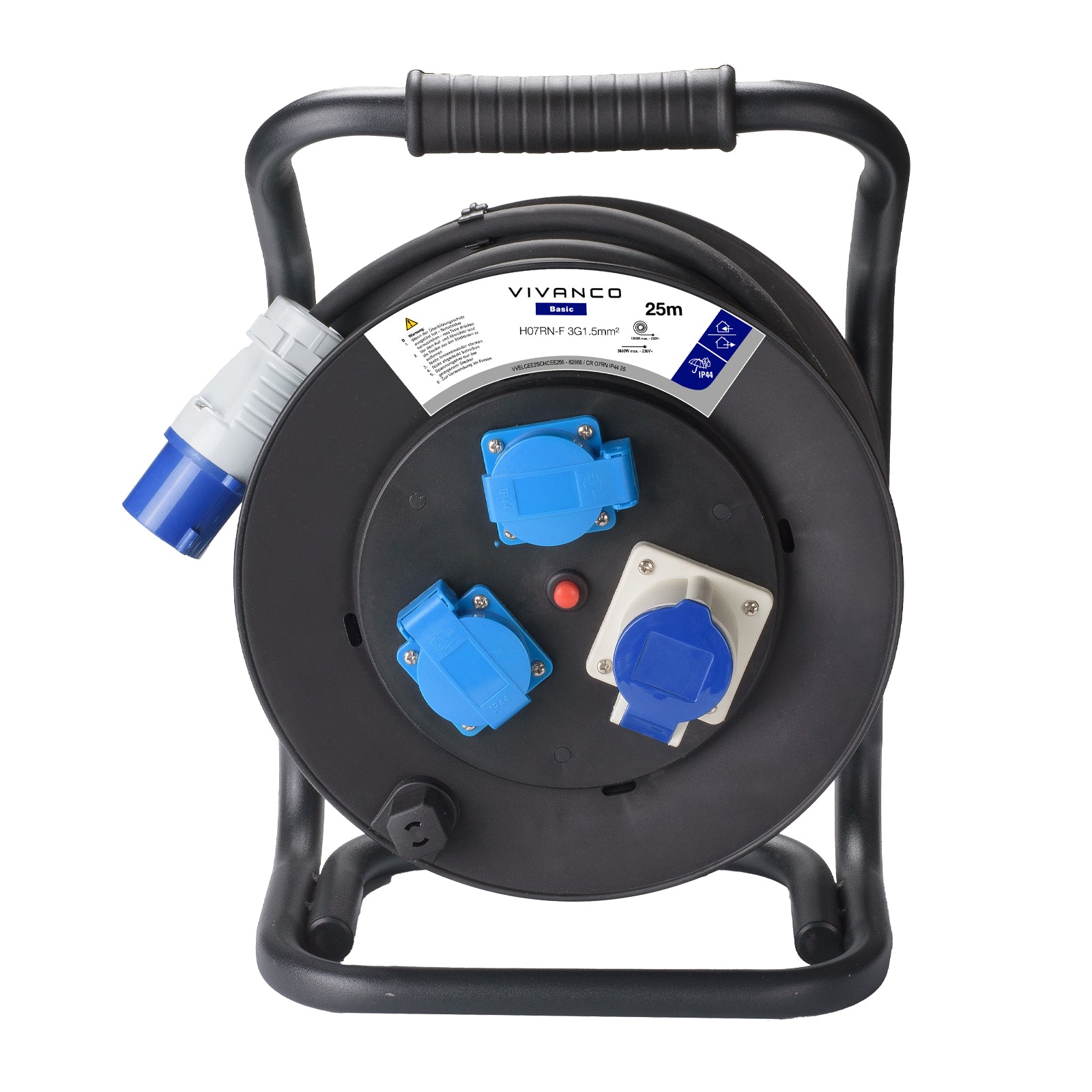 CEE IP44 multi-socket extension cable, CEE plug on CEE socket and 2x Schuko sockets, 25 m