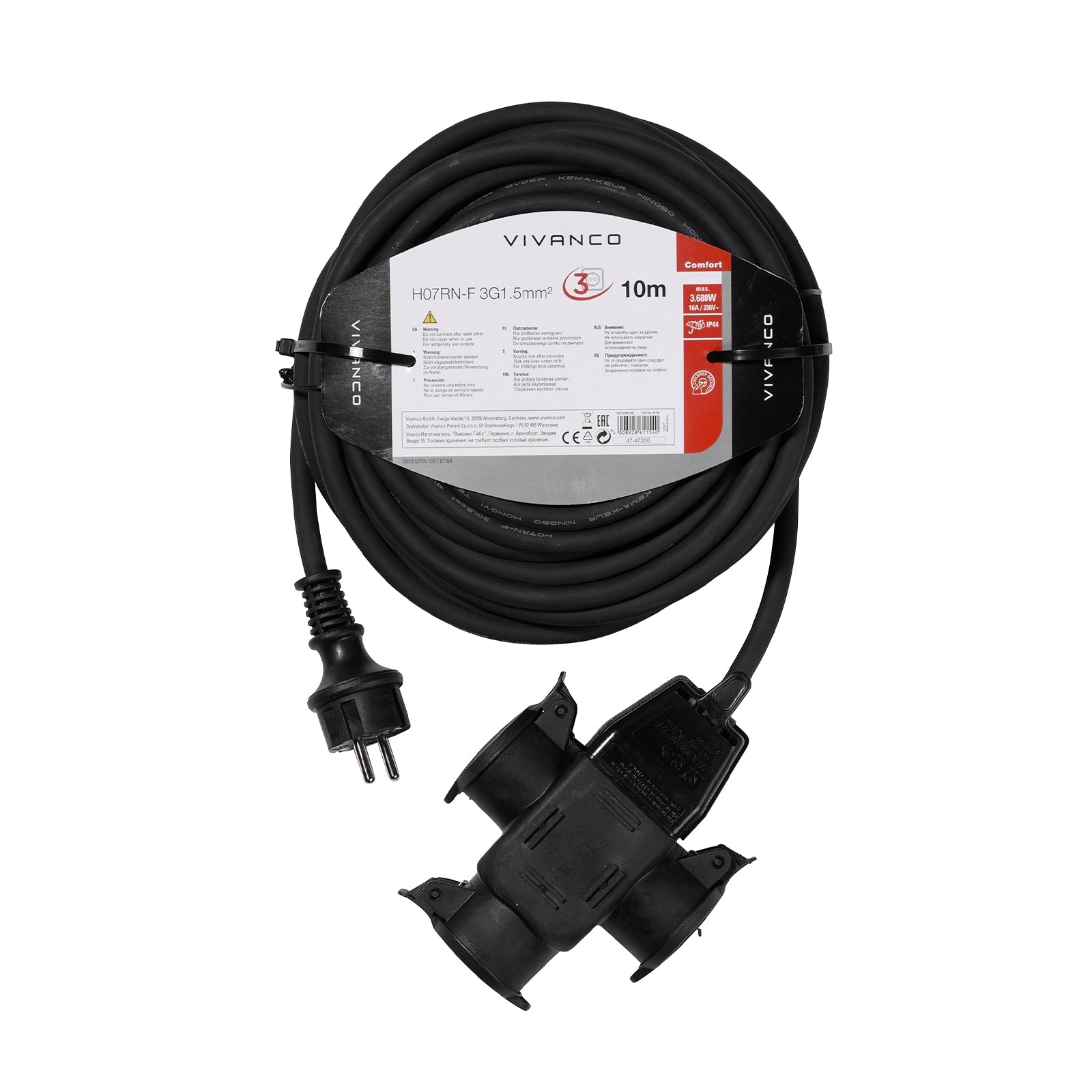 IP44 outdoor extension cable, 3 Schuko sockets, 10m