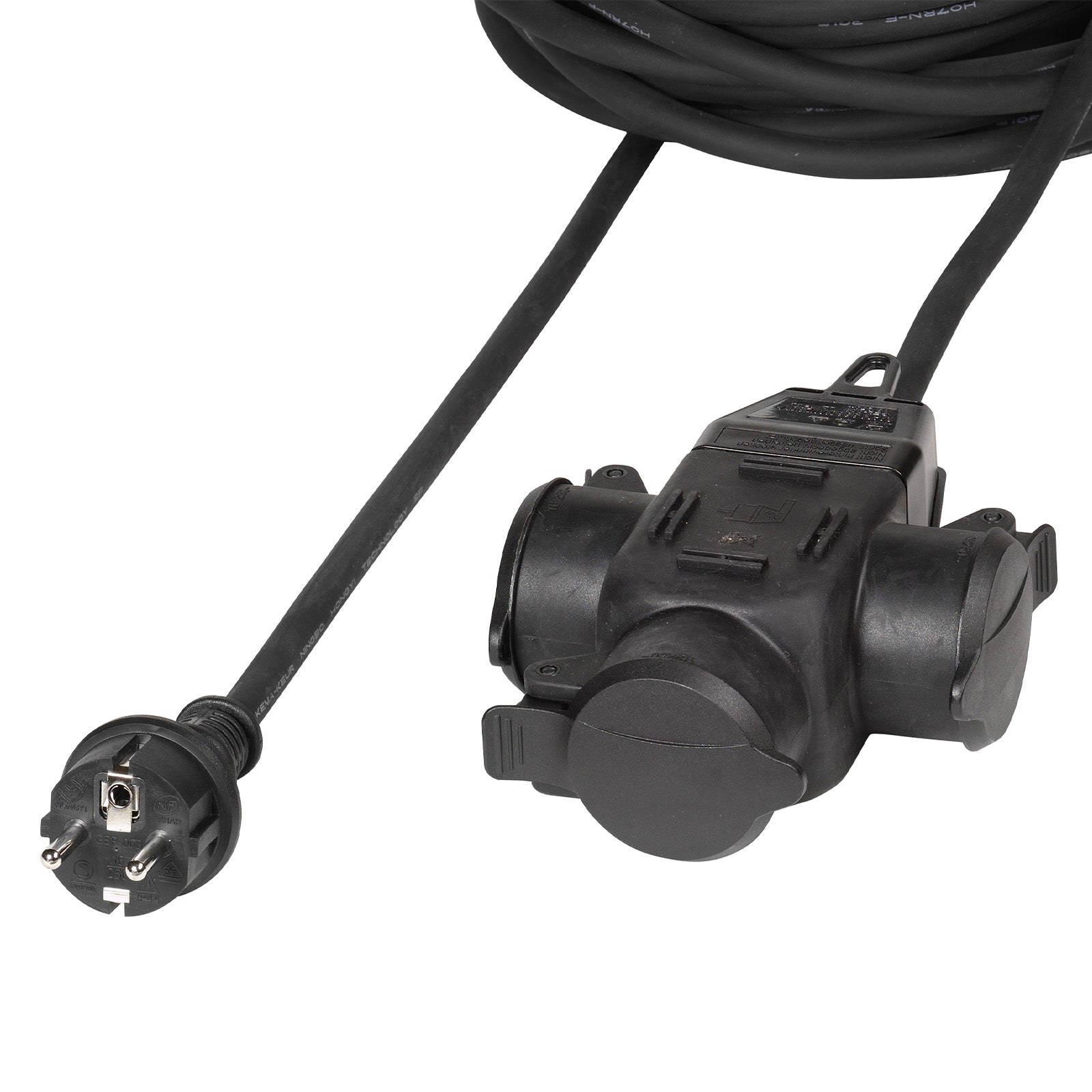 IP44 outdoor extension cable, 3 Schuko sockets, 10m