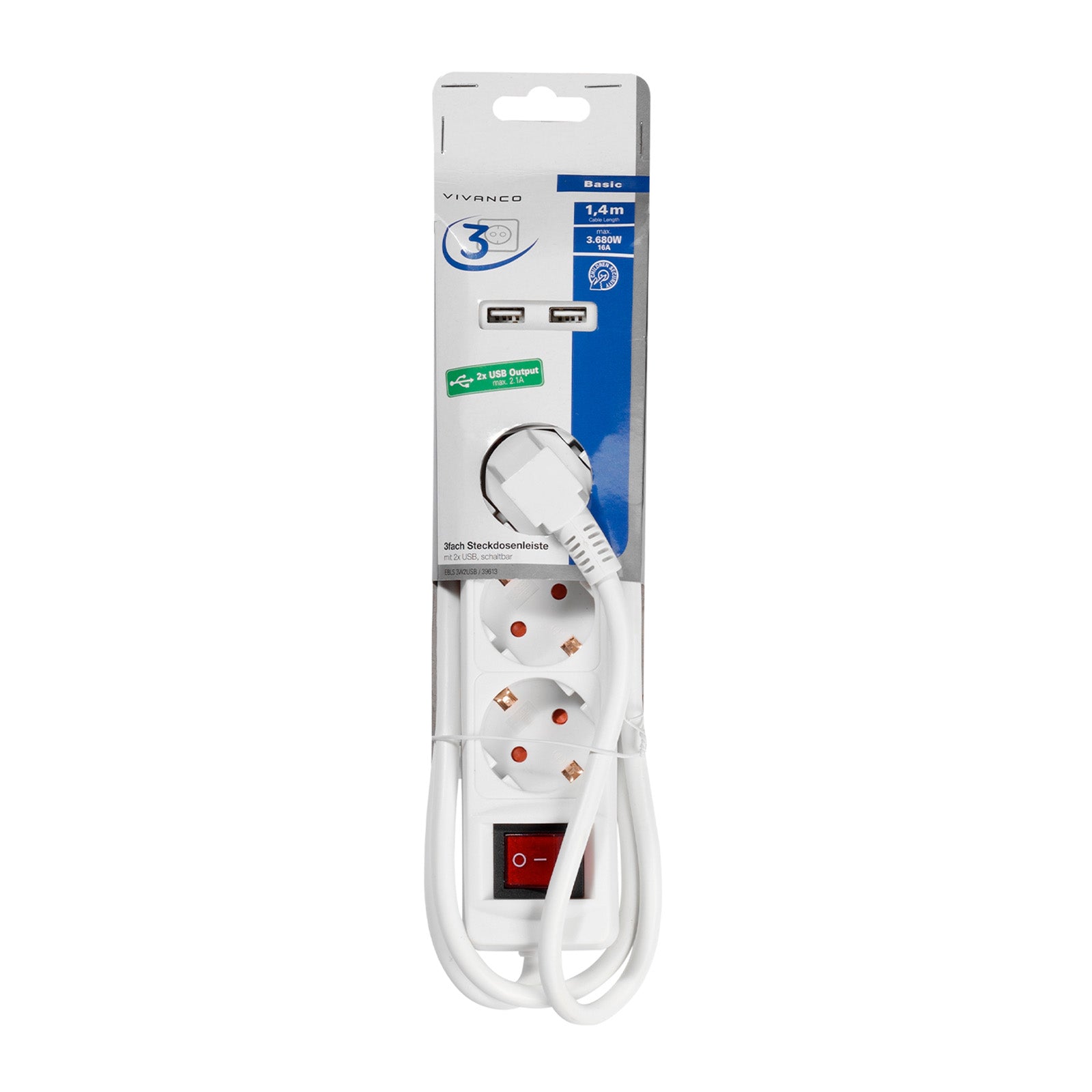 Power strip with 3 Schuko sockets, 2x USB-A