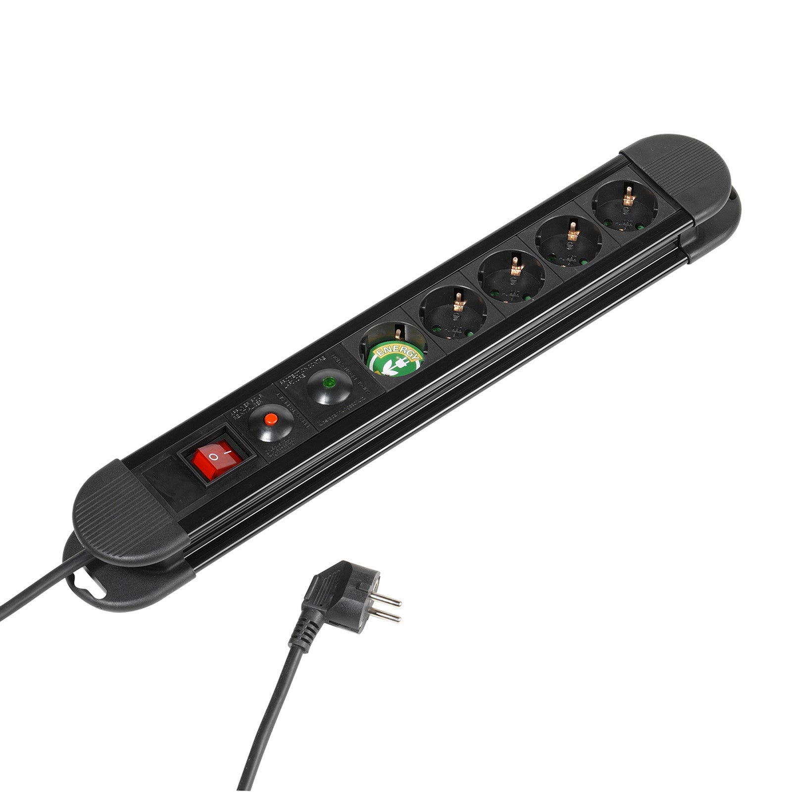 5xSchuko power strip, 1.4m, ON/OFF switch, protection, black