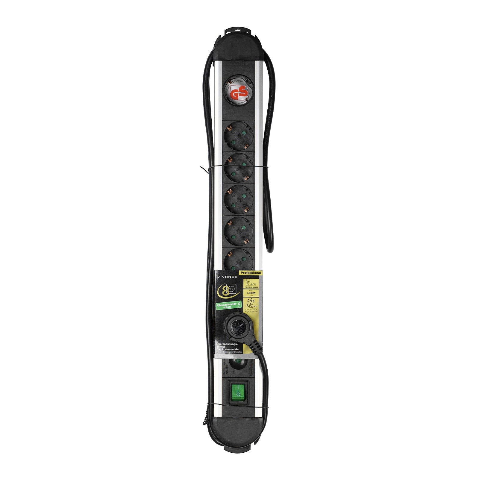 8xSchuko power strip, 2m, ON/OFF switch, protection, black