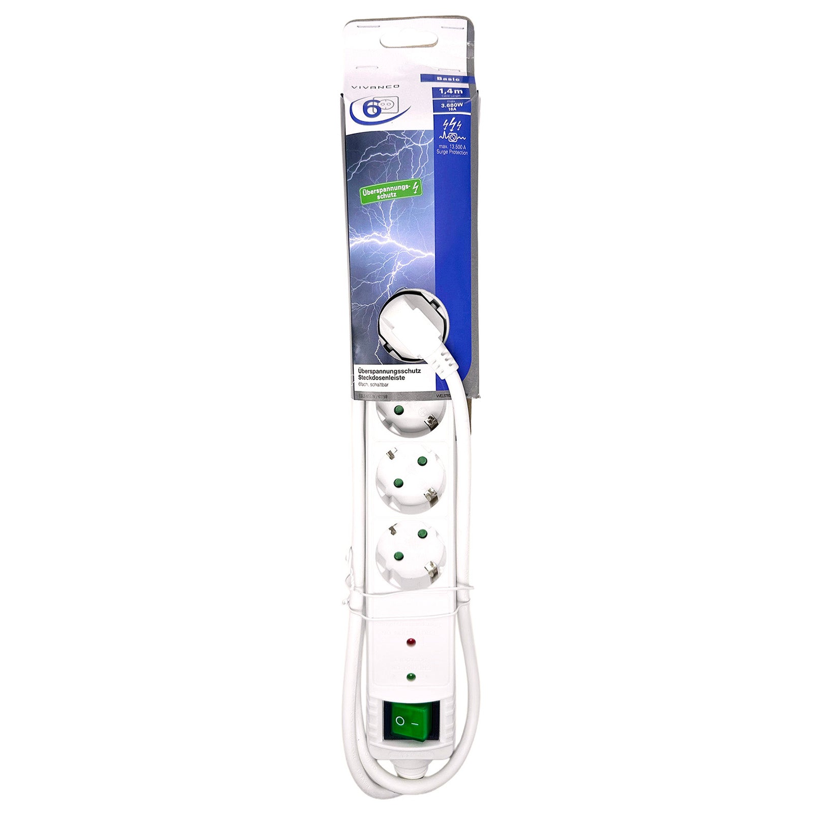 6xSchuko power strip with 1.4m cable and white switch