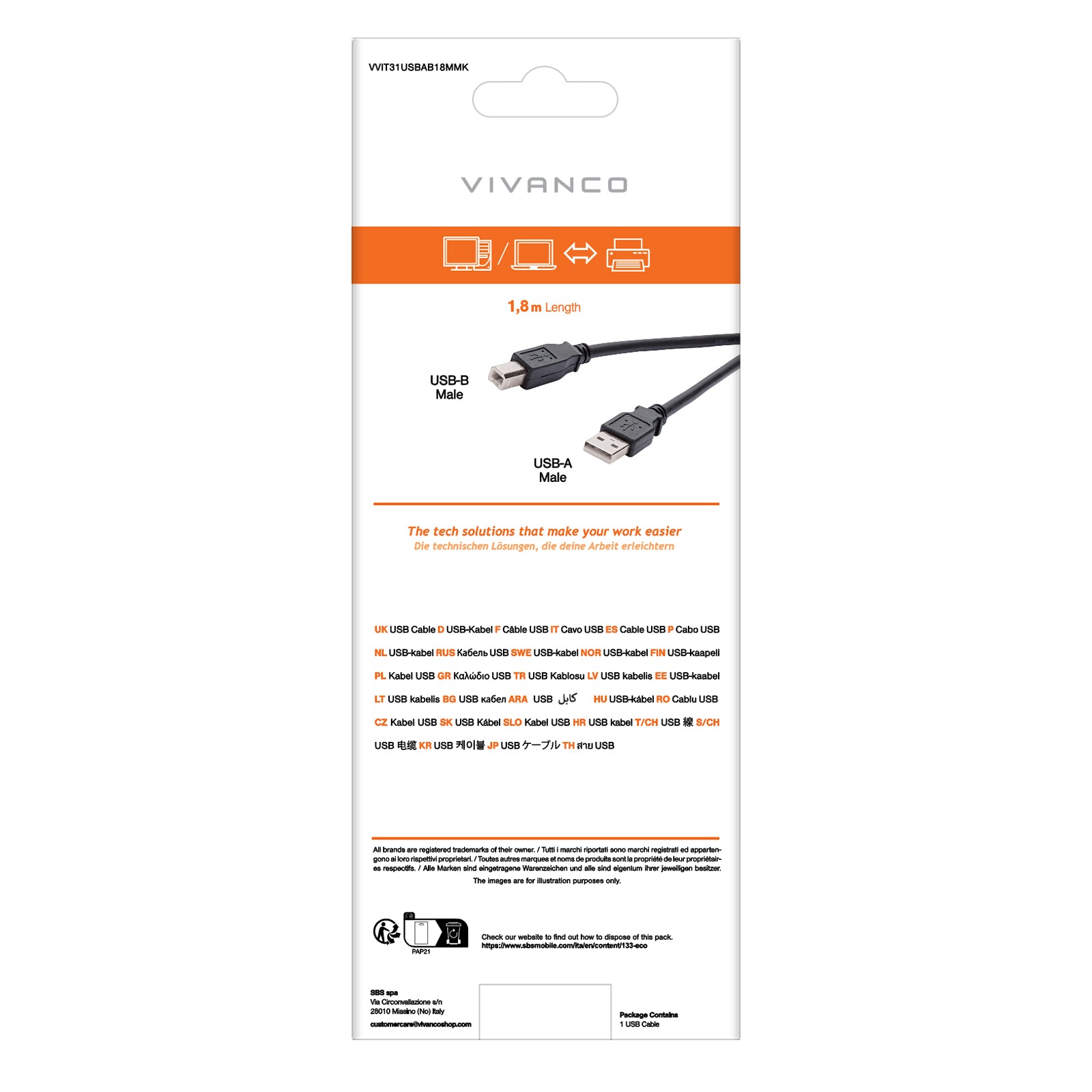 Cavo di collegamento compatibile USB-B 2.0, 1,8 m