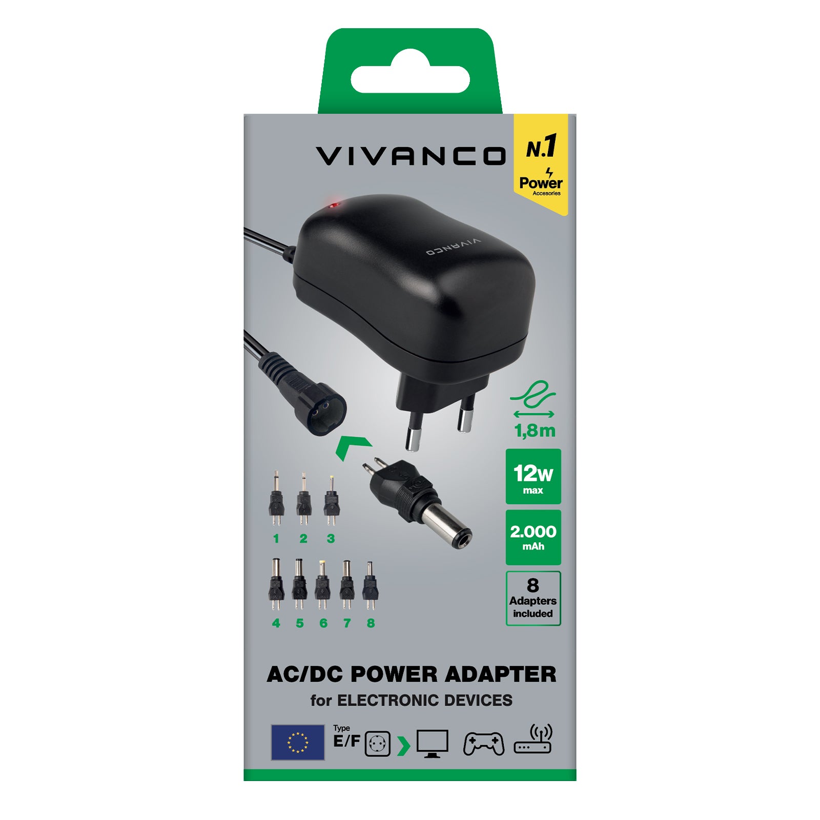 Alimentatore universale, spina EU AC/DC 3-12V, 8in1